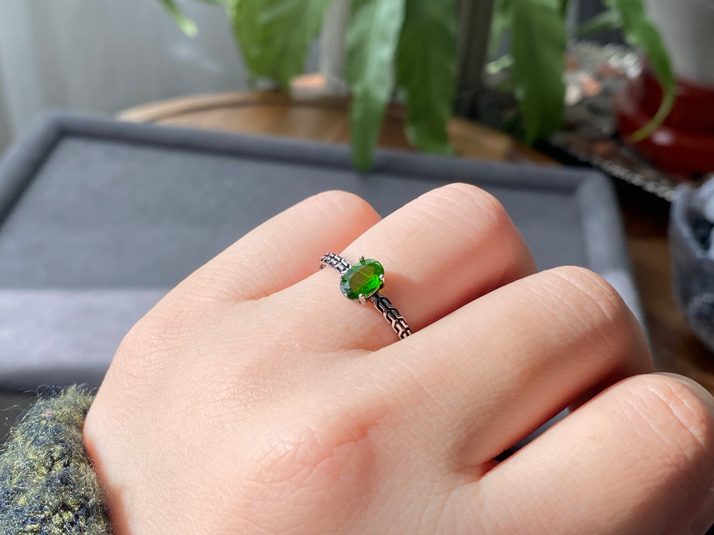 Natural Deep Green Diopside Oval Shape Prong setting Gemstone Ring,Adjustable Ring,gift for her