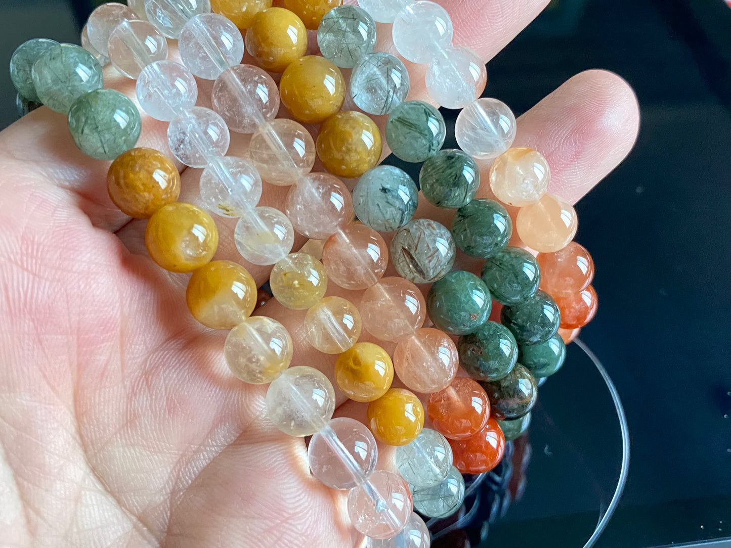 Natural Rainbow Rutilated Quartz gemstone Fortune and Lucky Healing bead bracelet