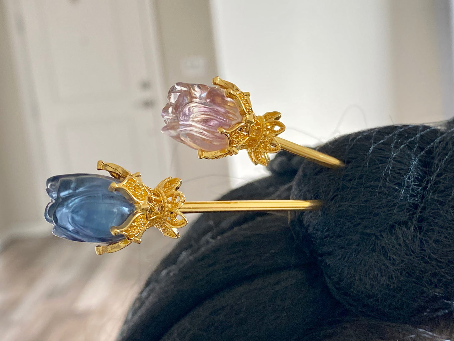 Natural FLuorite Hand craved Rose flower bud Shape Hairpin with Dangle Drop,Fluorite Crystal