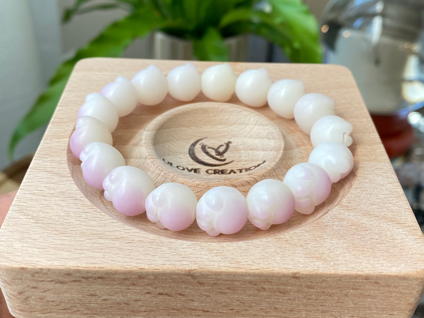 Hand Sculp Barbecue/BBQ pink purple Cat Paw Natural white Bodhi root polished Bead Bracelet 12mm+