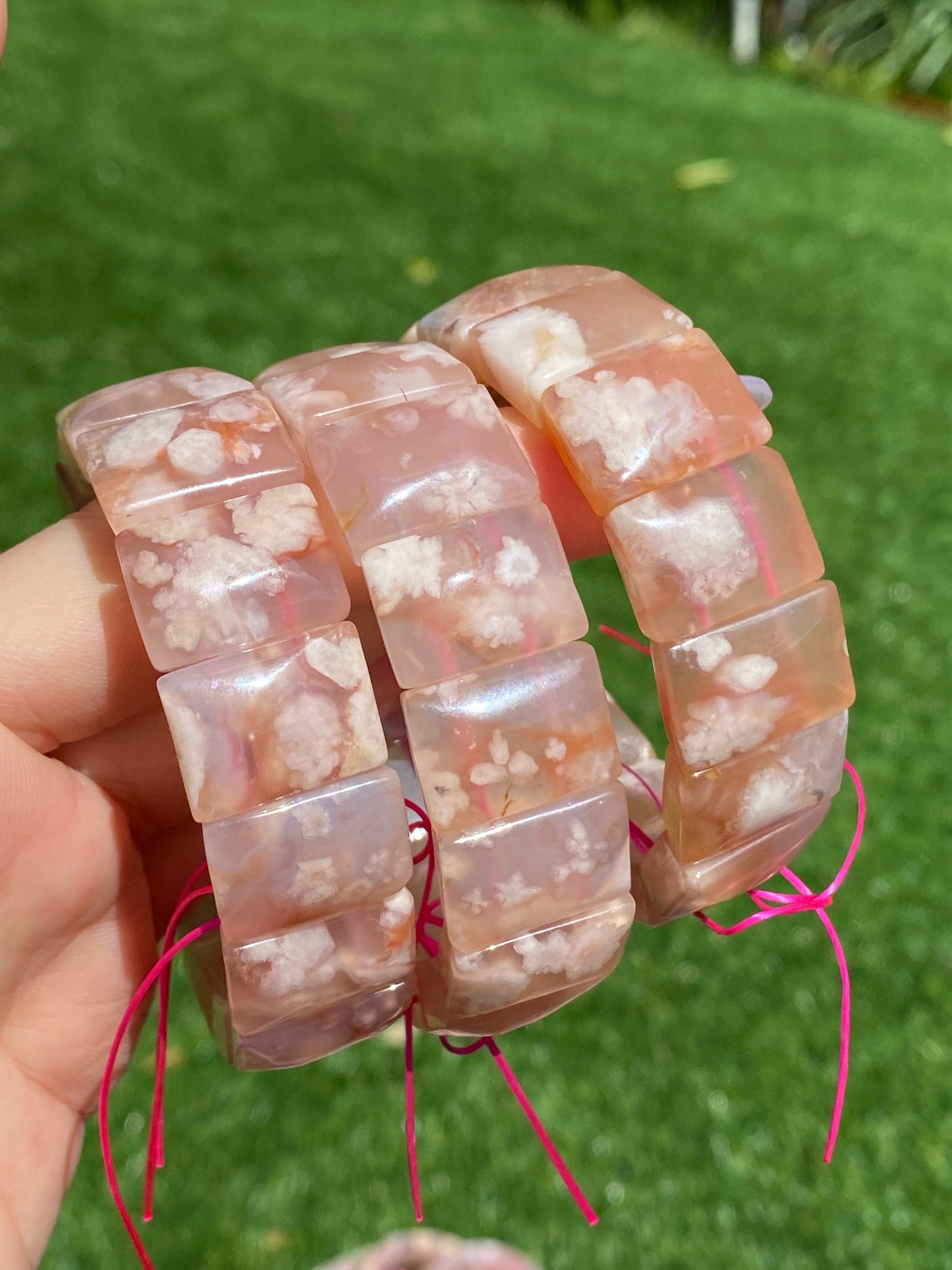 AAAA Clear colorful Grade Nature Sakura Agate cherry blossom flower agate Rectangle bangle bracelet,gift for her