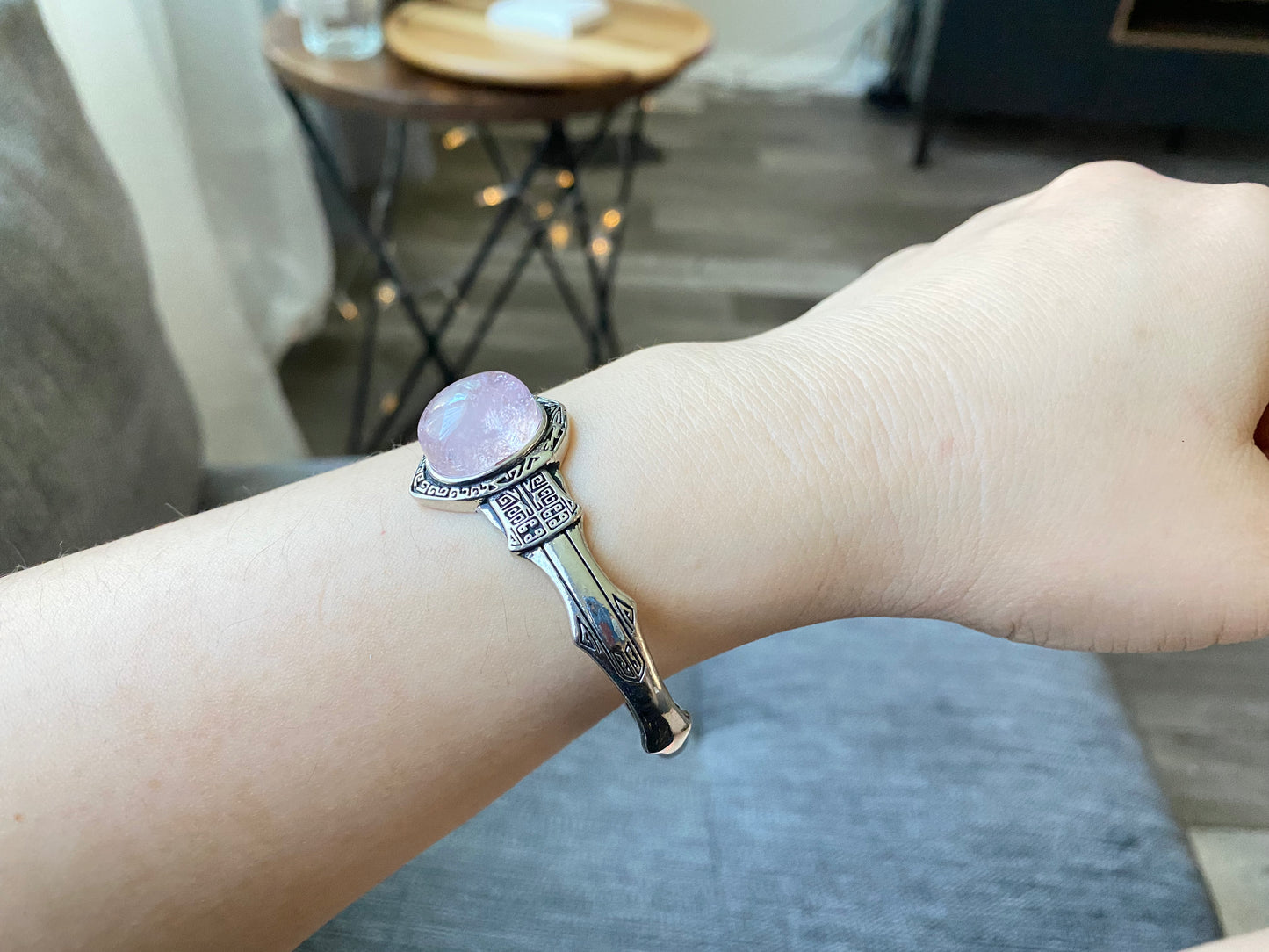 love of the bangle, rose quartz,Aquamarine vintage Sterling silver bangle bracelet
