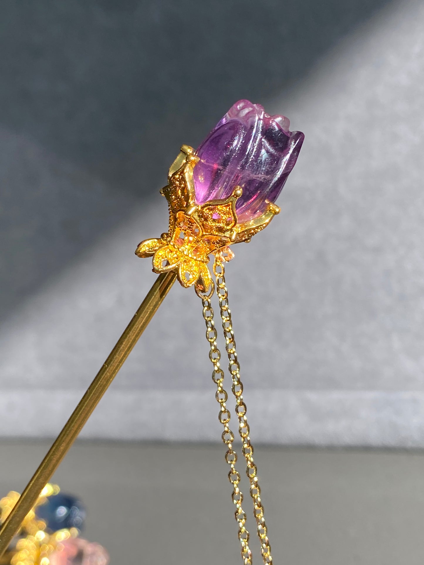 Natural FLuorite Hand craved Rose flower bud Shape Hairpin with Dangle Drop,Fluorite Crystal