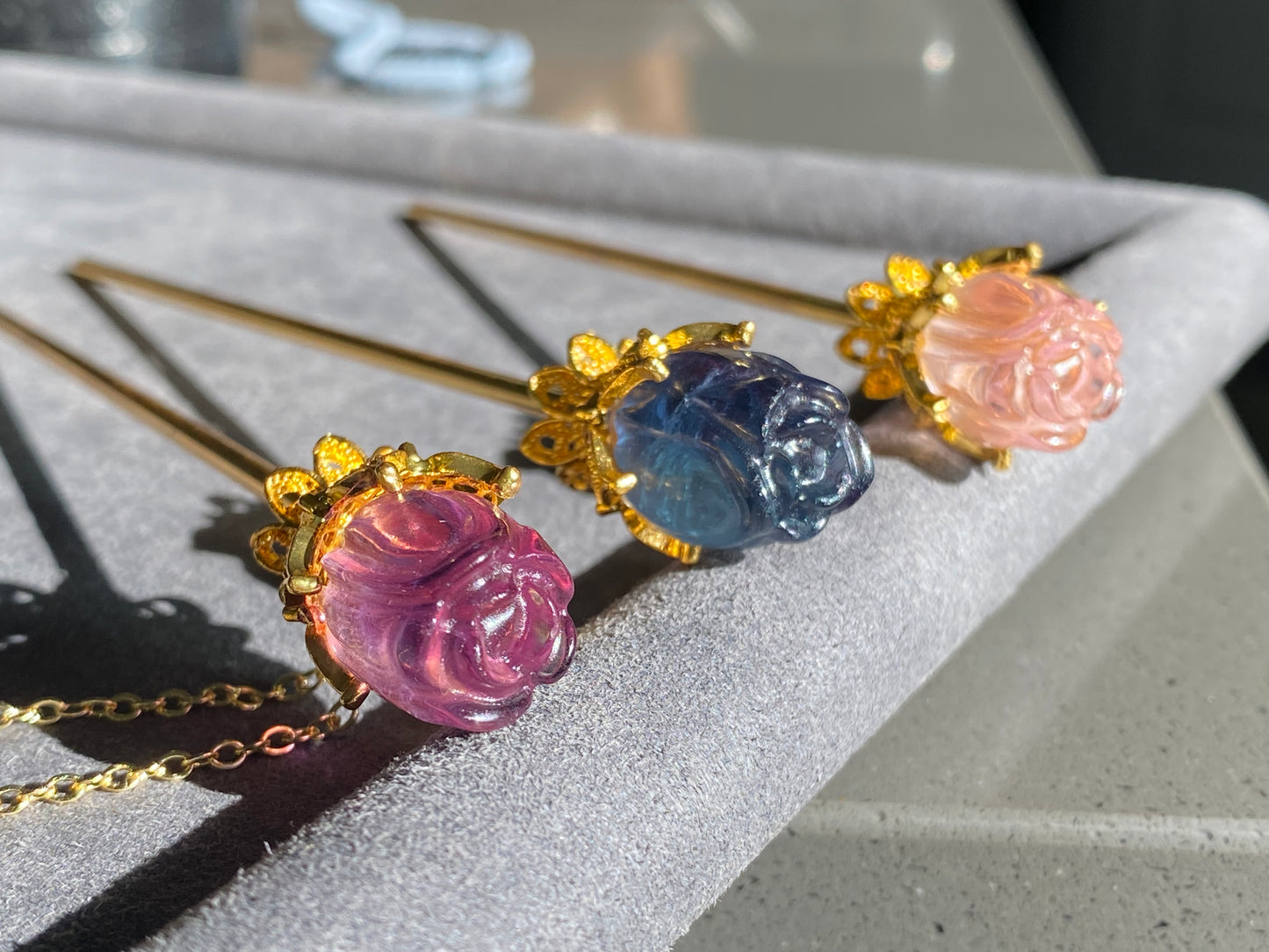 Natural FLuorite Hand craved Rose flower bud Shape Hairpin with Dangle Drop,Fluorite Crystal