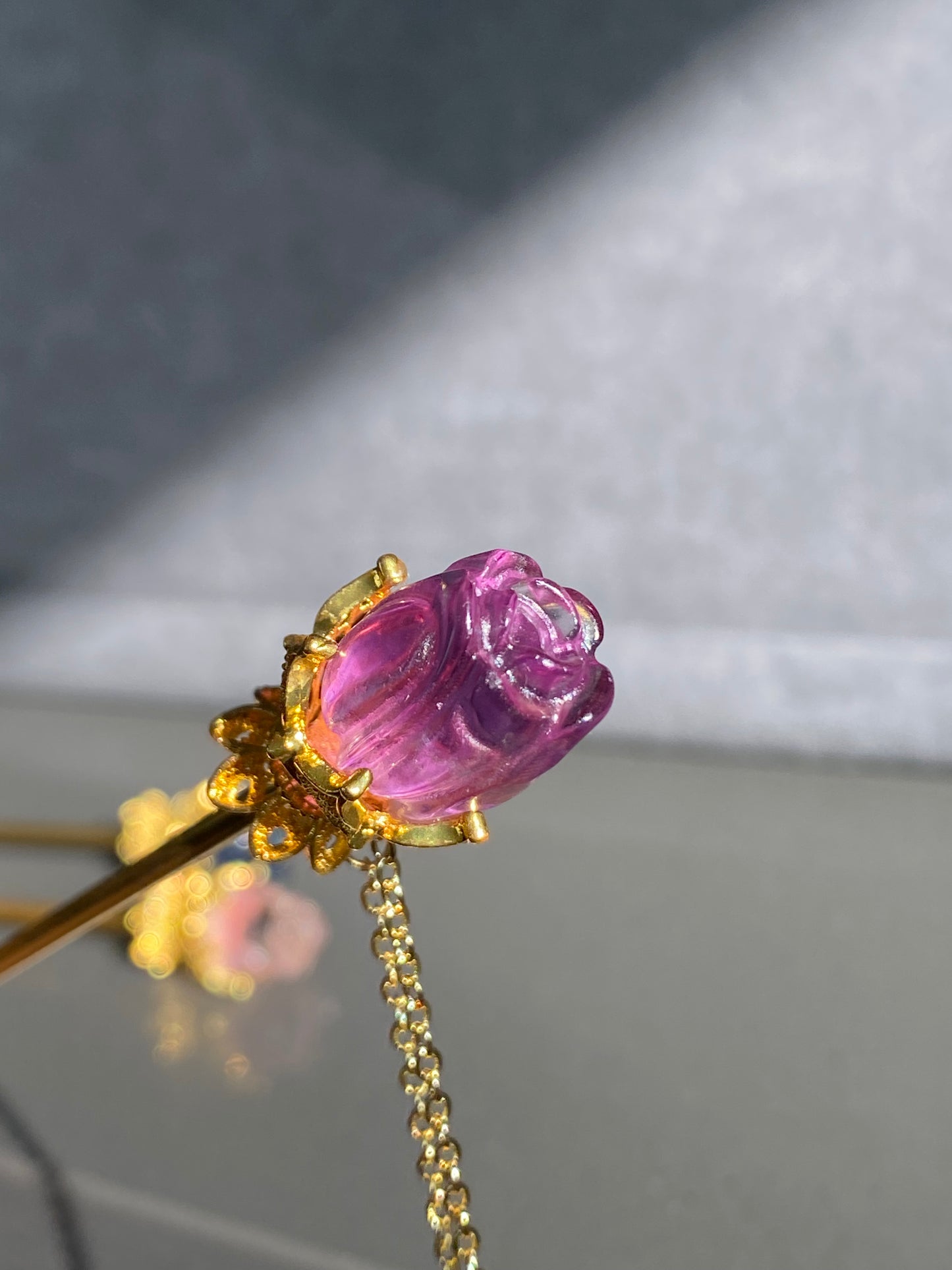 Natural FLuorite Hand craved Rose flower bud Shape Hairpin with Dangle Drop,Fluorite Crystal