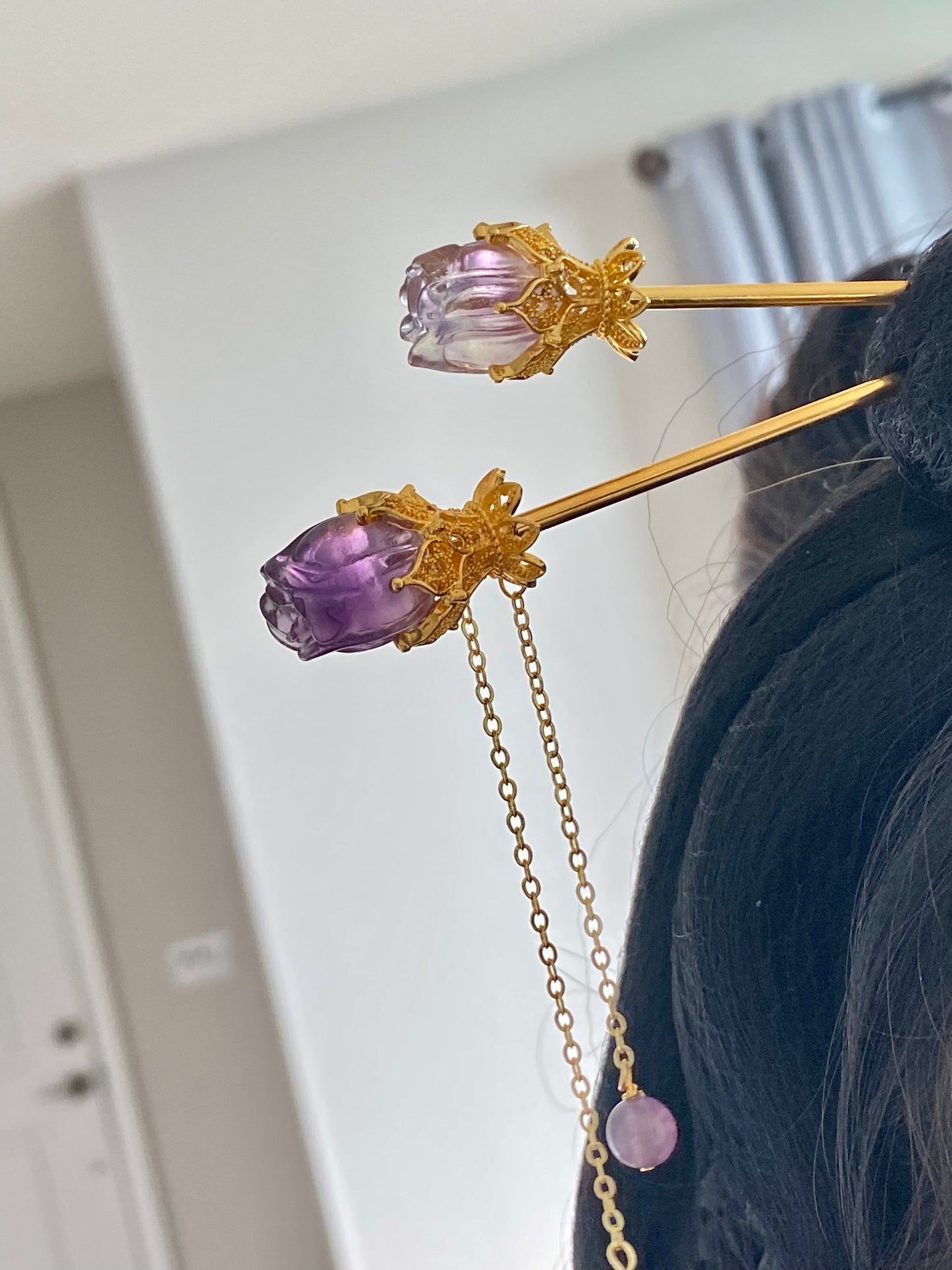 Natural FLuorite Hand craved Rose flower bud Shape Hairpin with Dangle Drop,Fluorite Crystal