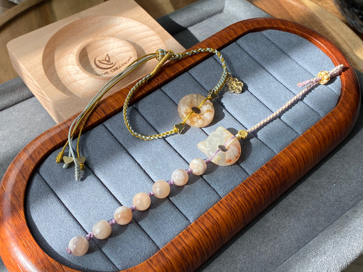 Natural Sakura Agate,cherry blossom agate hand carved hello kitty,star Donut ring braided rope Bracelet,Handmade Bracelet