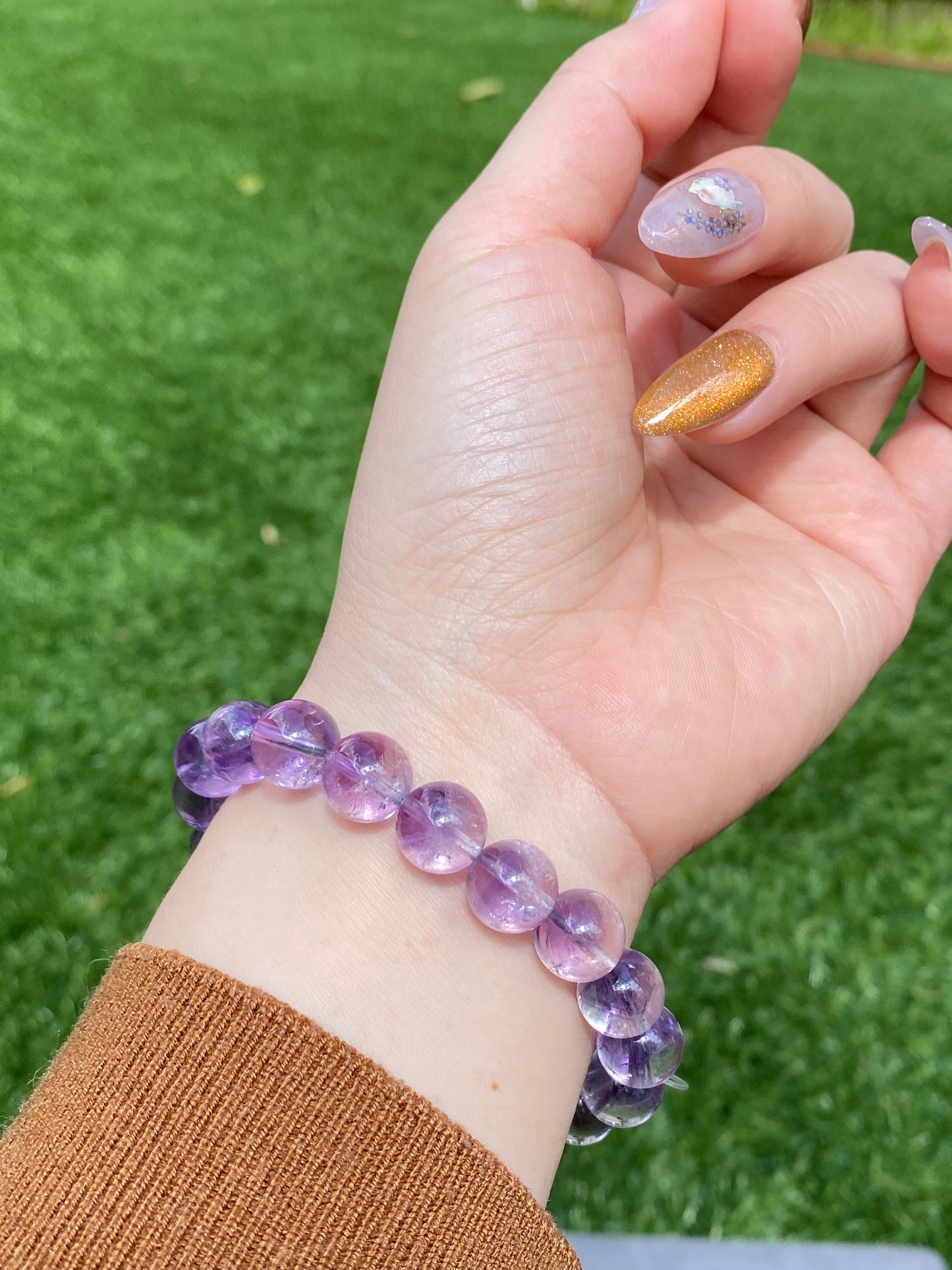 Big beads Top Grade Clear Natural Deep Purple Quartz Rutilated Pyramid Inside half-pot purple rutilated Round rabbit hair Bracelet,gift for her, gift for him