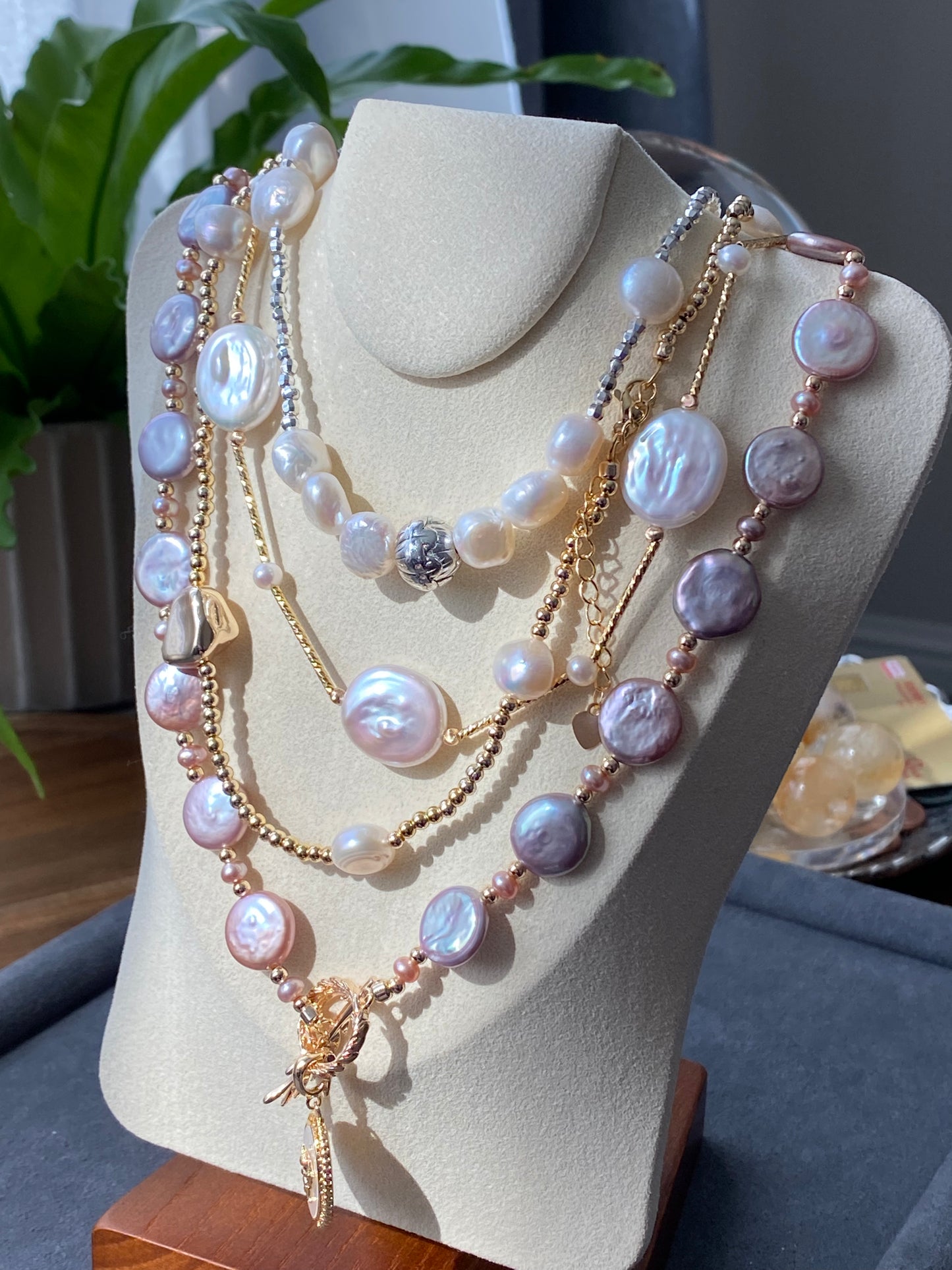 Natural freshwater pearls,baroque metal white blue gum shape multiple use Necklace,handmade necklace