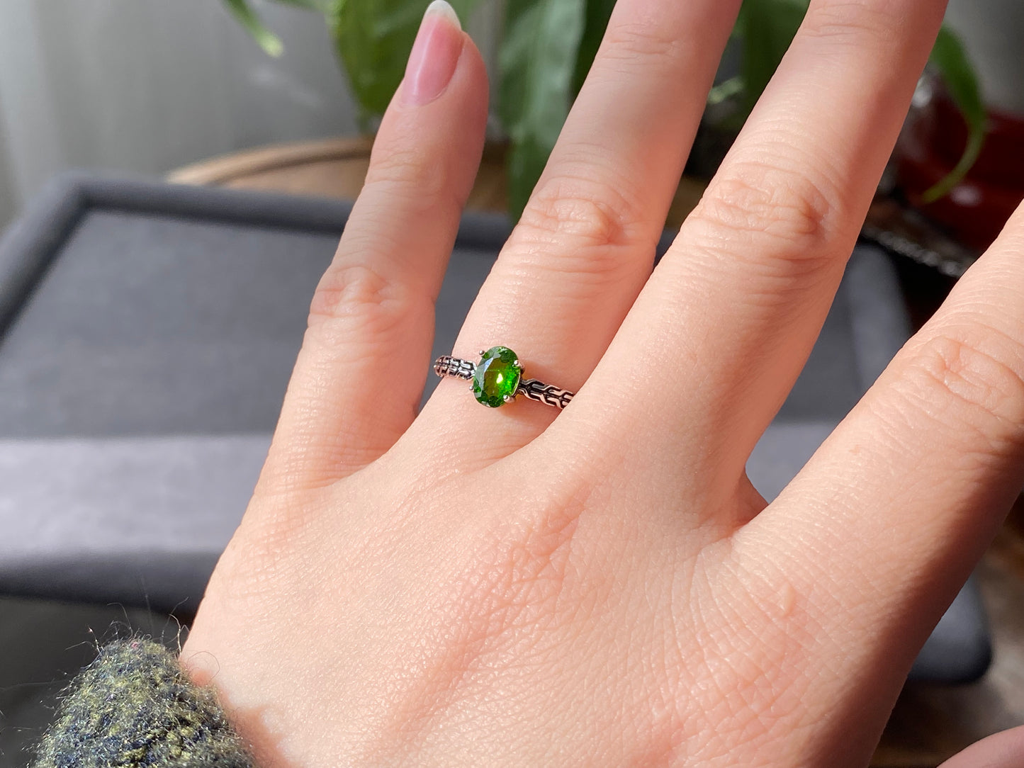 Natural Deep Green Diopside Oval Shape Prong setting Gemstone Ring,Adjustable Ring,gift for her