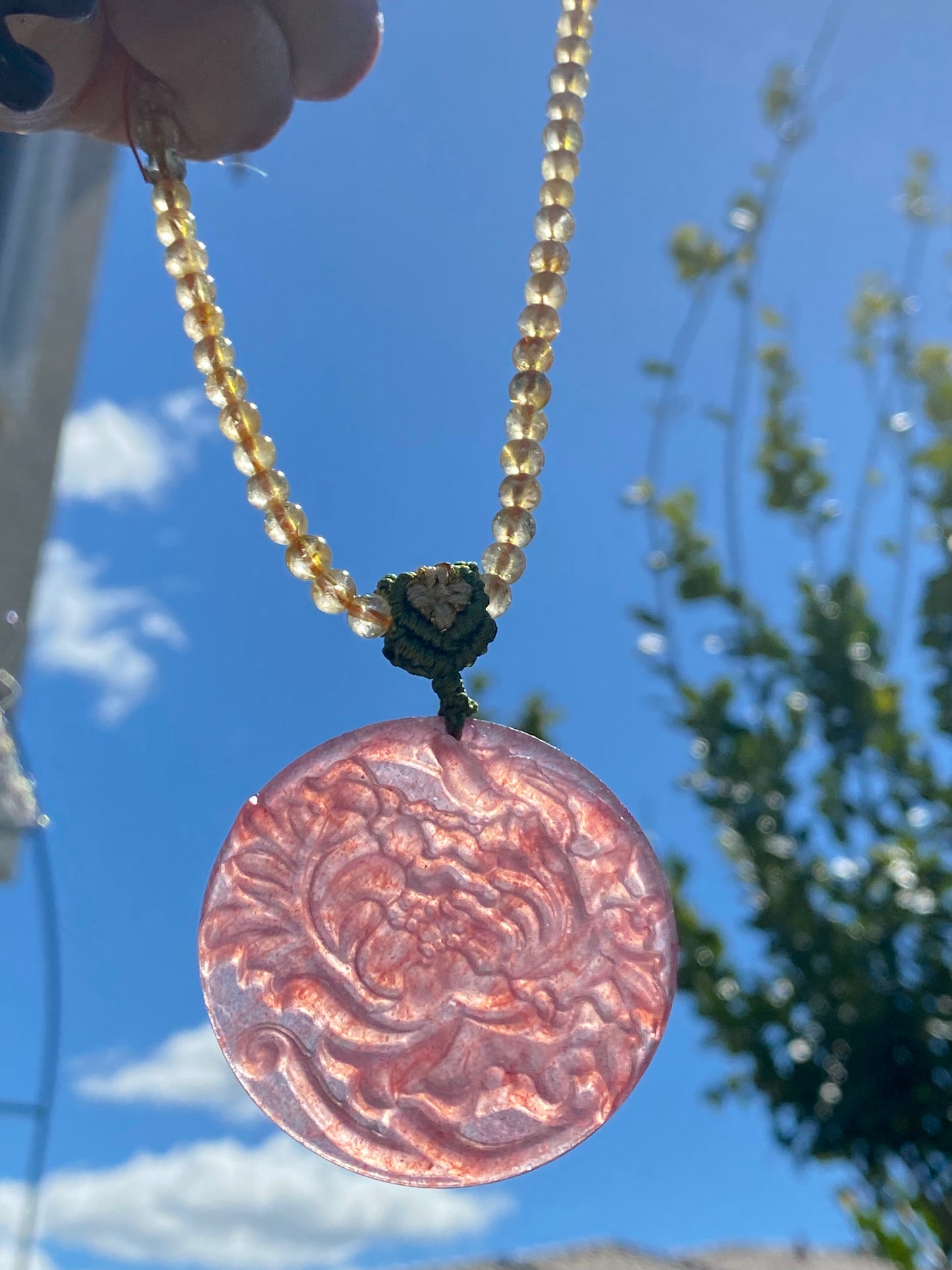 Natural Strawberry Quartz Hand Carved Hibiscus Peony Flower Pendant,gift for her,gift for mother