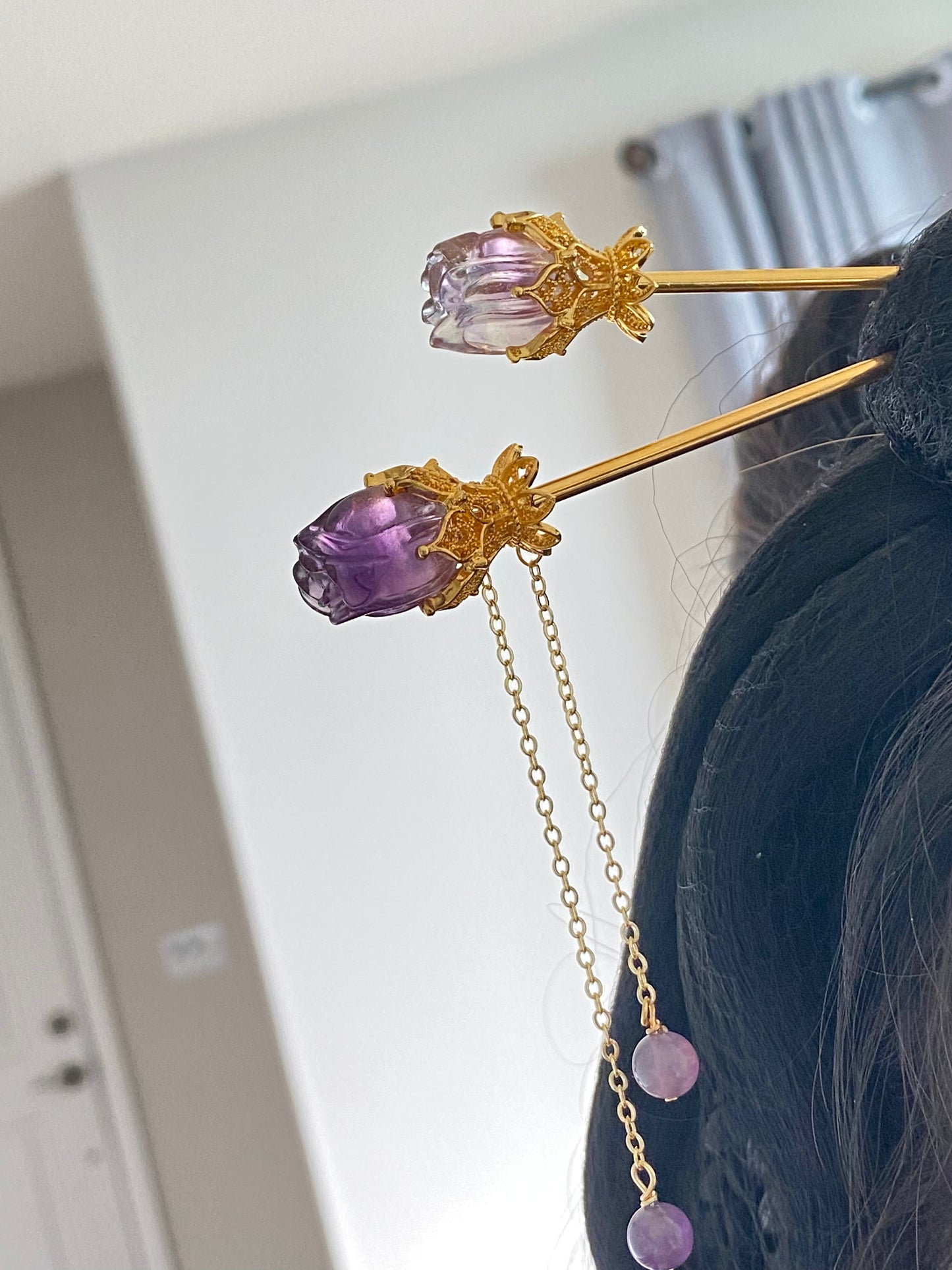 Natural FLuorite Hand craved Rose flower bud Shape Hairpin with Dangle Drop,Fluorite Crystal
