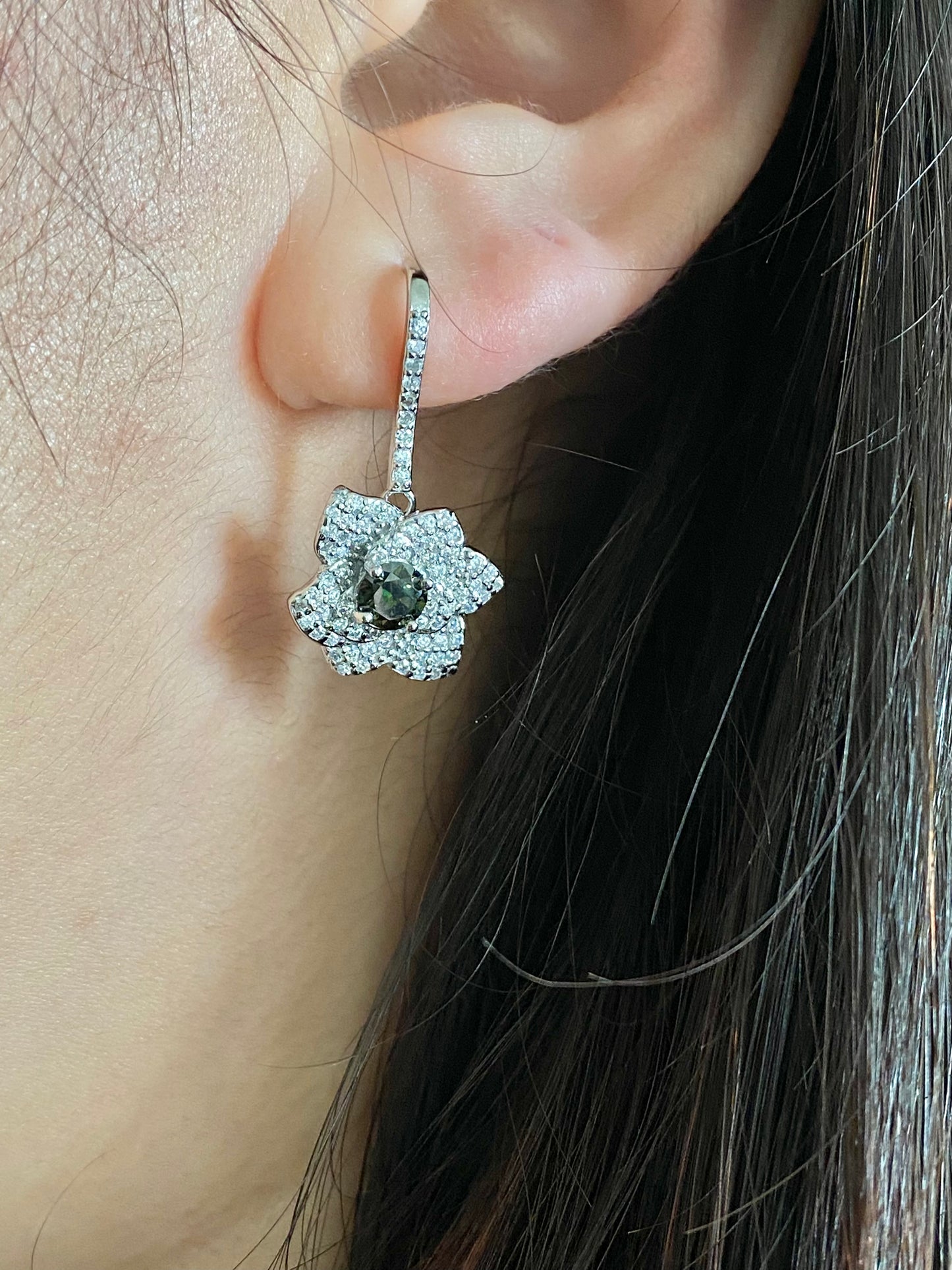 Gorgeous Flower Floral Drop Dangle Dark Green Moissanite Sterling silver earring 0.5CT