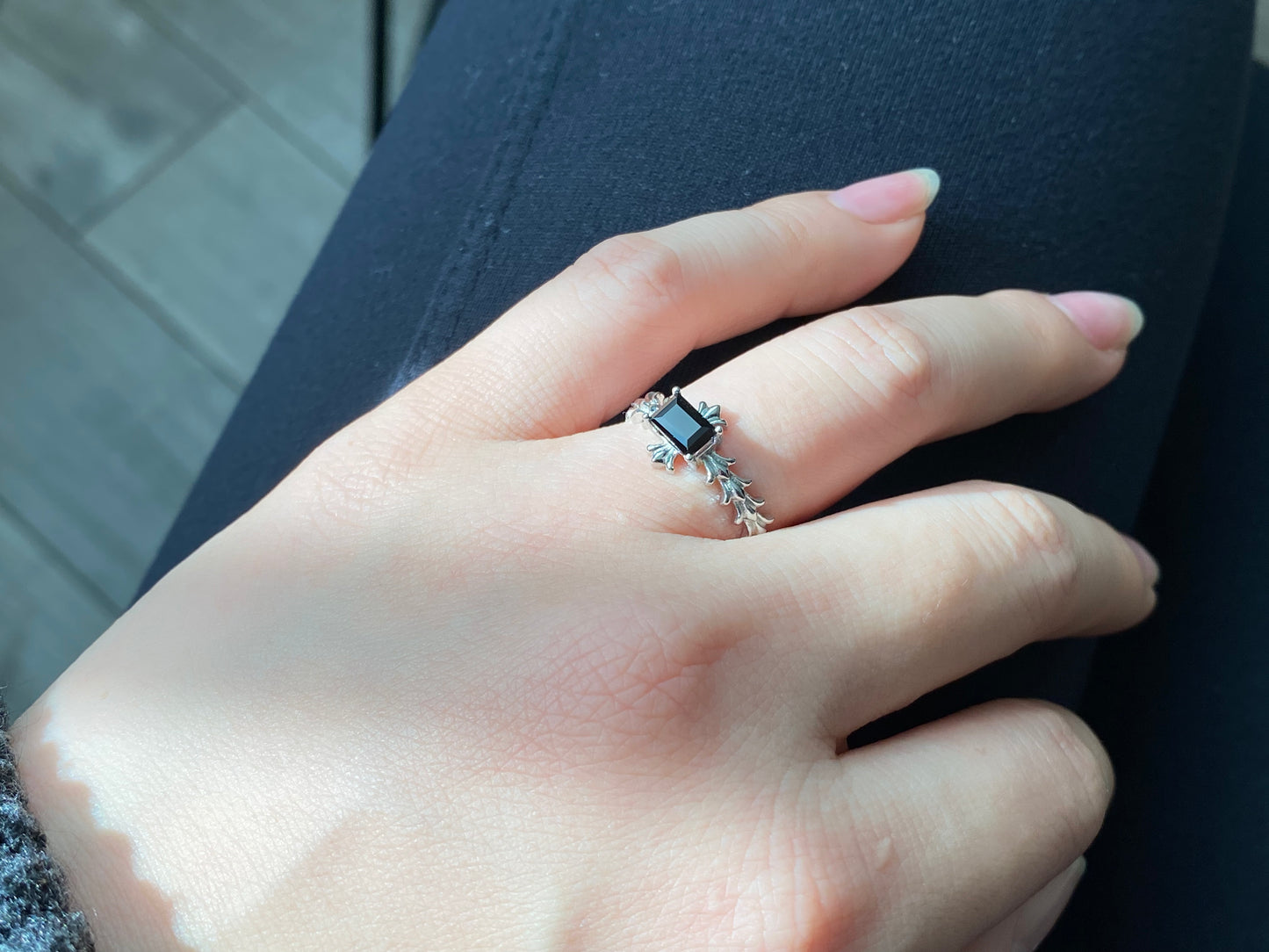 Natural Black Spinel Genuine Gemstone Rectangle Chrome Hearts Style Adjustable Ring