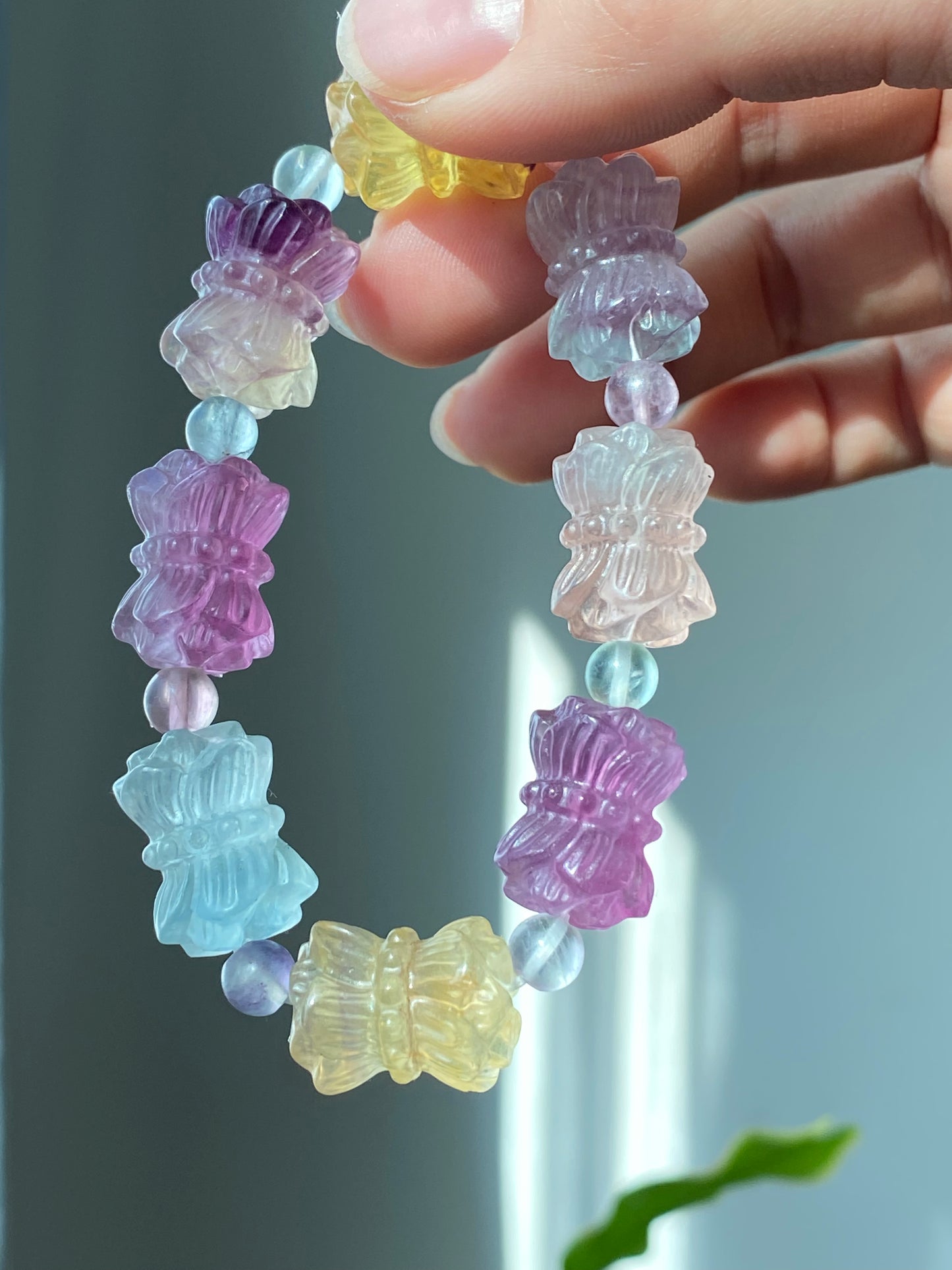 Natural Unicorn FLuorite Hand Craved twin lotus flowers on one stalk,devoted married couple Beaded Bracelet, gift for her,Valentine's Day Gift