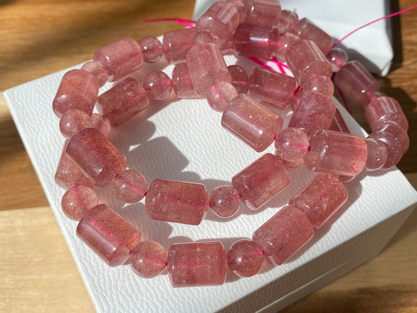 AAAA Grade Rainbow Fire Natural Strawberry quartz Barrel Round Bead bracelet Joy,healing crystal