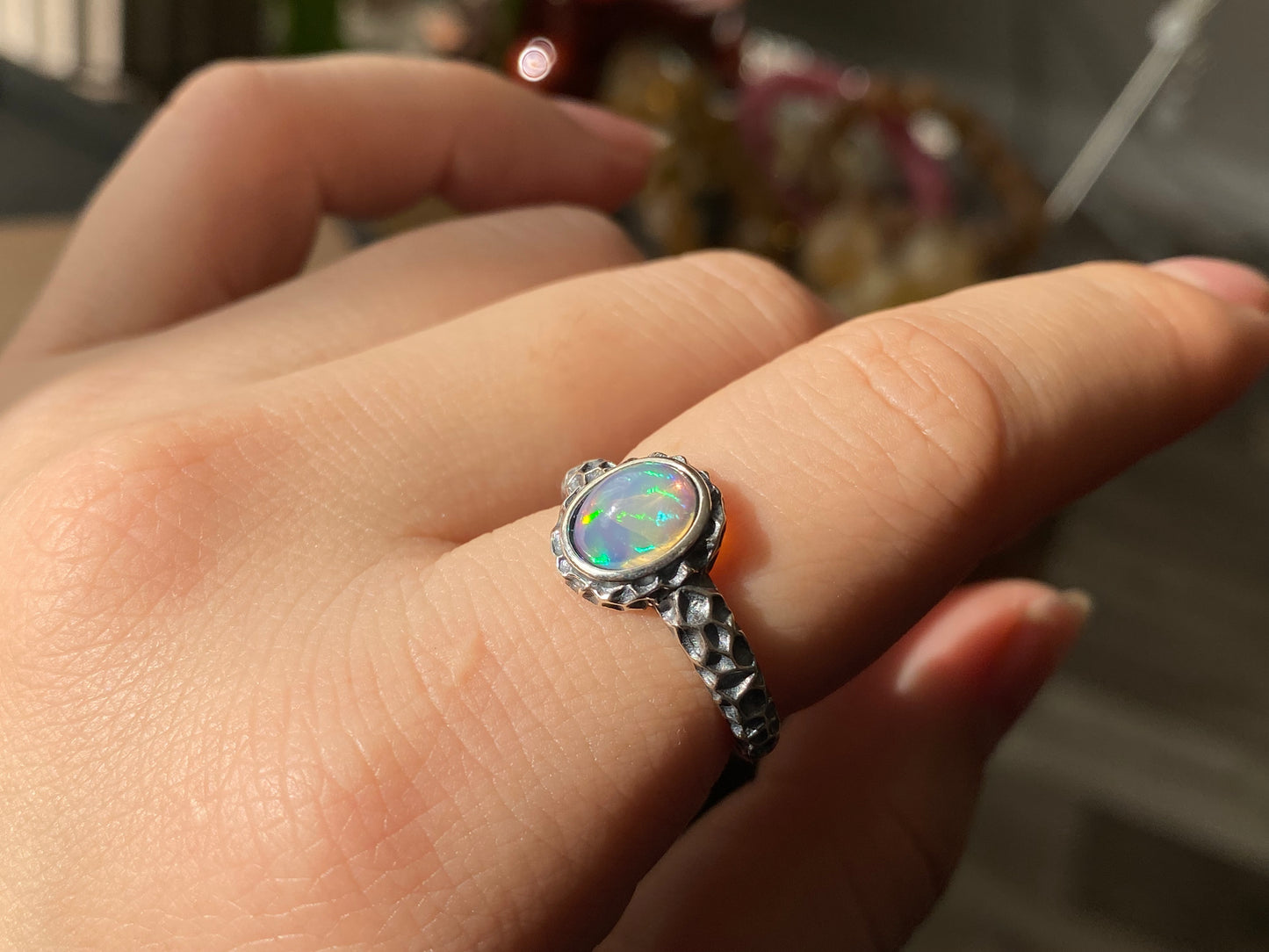 Natural Grade Rainbow Fire Opal Hand Carved Sterling Silver Mid-Century Adjustable Ring,gift for her,gift for him