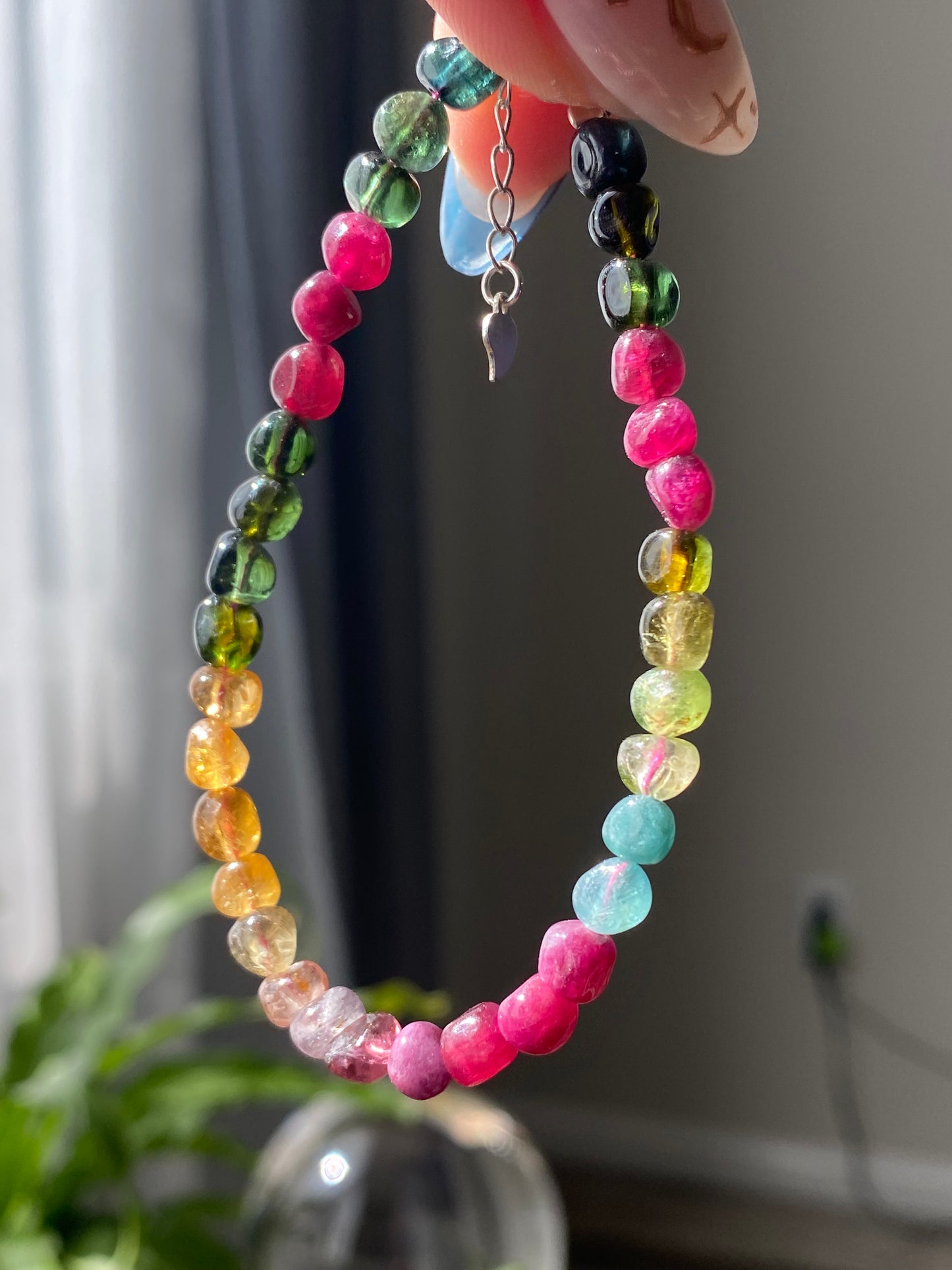 Rare Find High Grade color standard irregular nuggets watermelon Rainbow Tourmaline Bead Bracelet 6mm,sterling silver,gift for herm