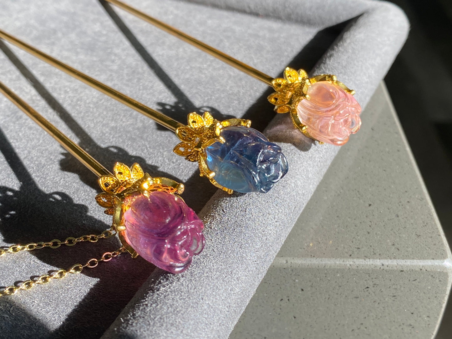 Natural FLuorite Hand craved Rose flower bud Shape Hairpin with Dangle Drop,Fluorite Crystal
