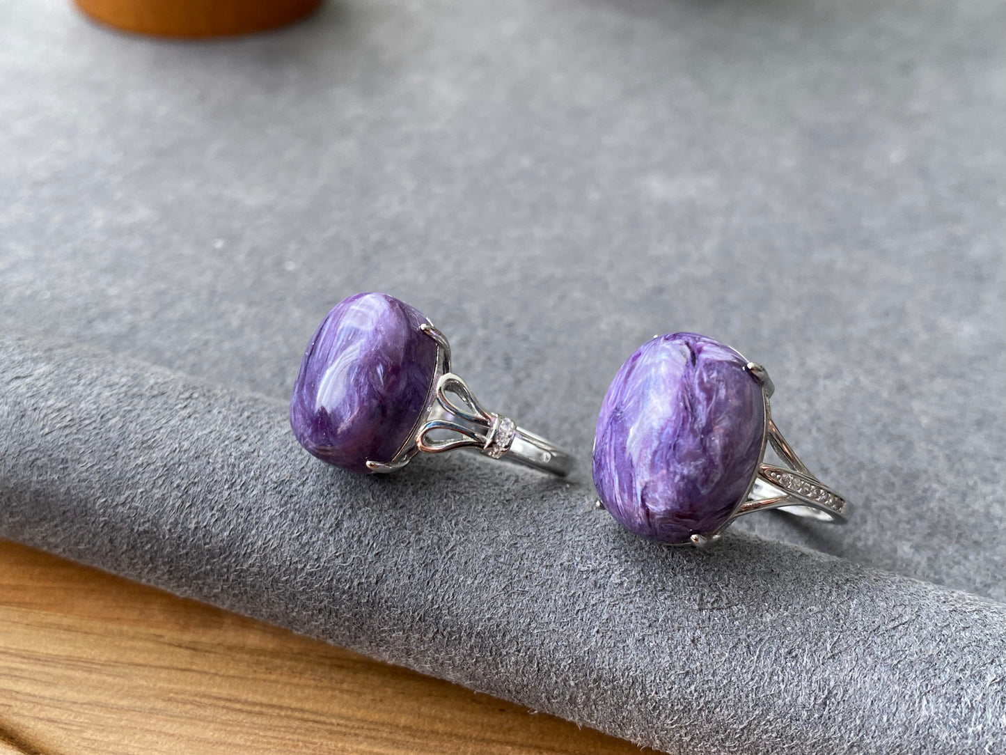 AAAAA Genuine Natural High Grade Silk Shin Purple Charoite,Cat Eyes Oval Shape sterling silver Adjustable Ring