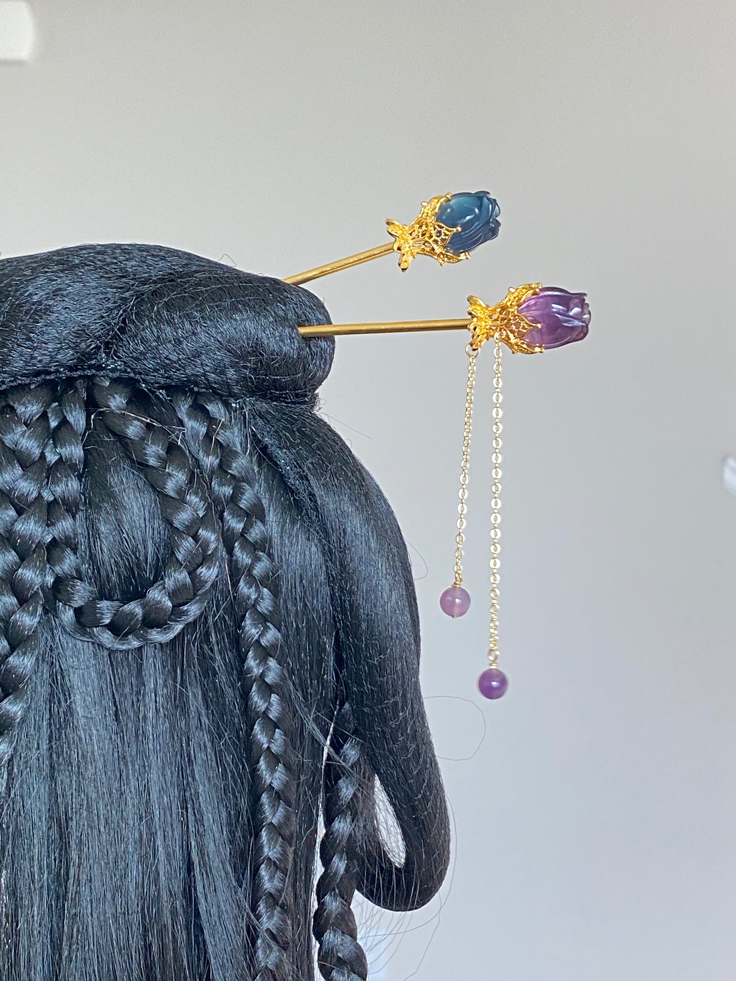 Natural FLuorite Hand craved Rose flower bud Shape Hairpin with Dangle Drop,Fluorite Crystal