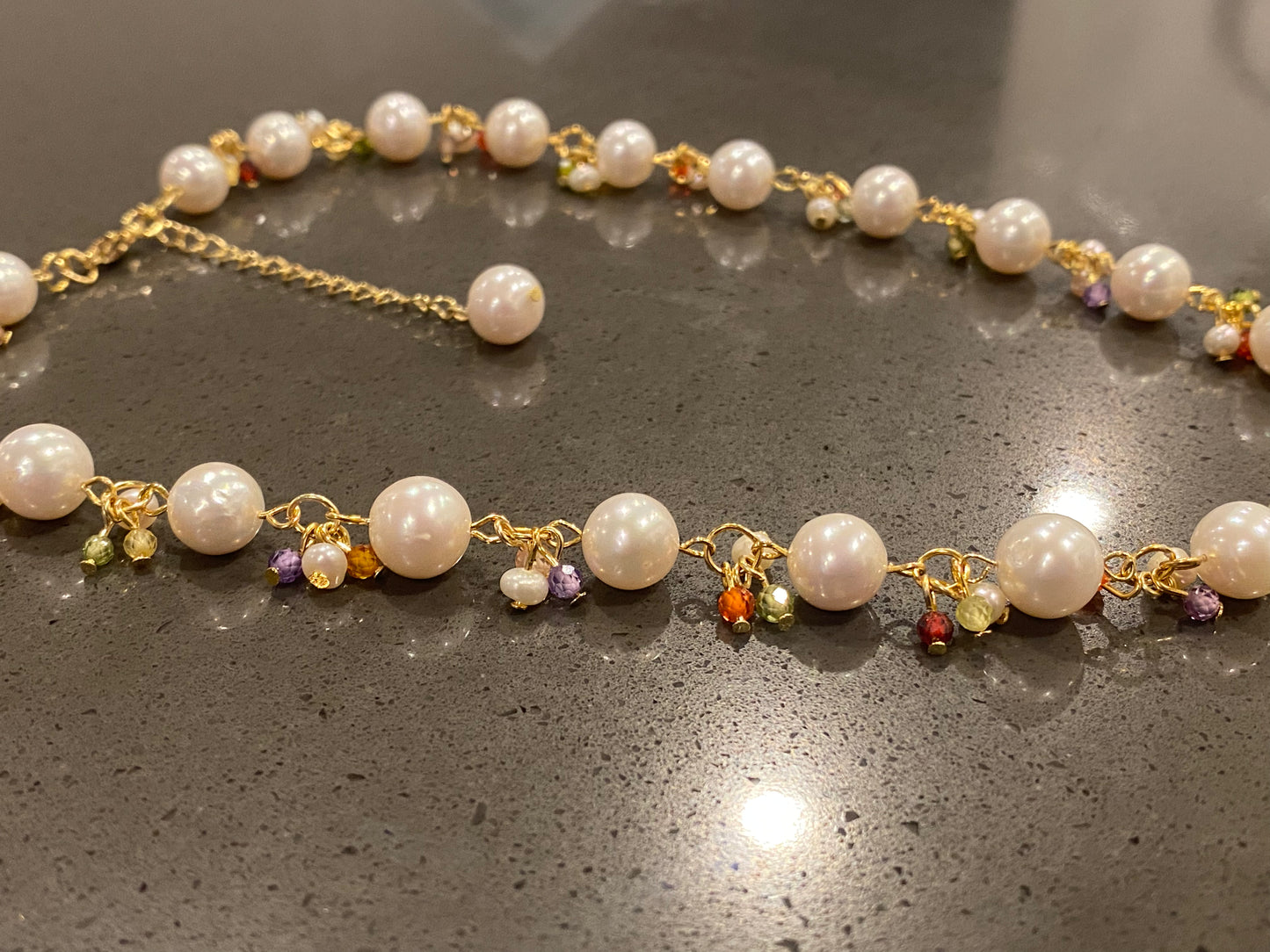 Natural Freshwater Pearl White round 8-9MM Baroque Pearls with rainbow colorful facted Crystal 14K gold Necklace