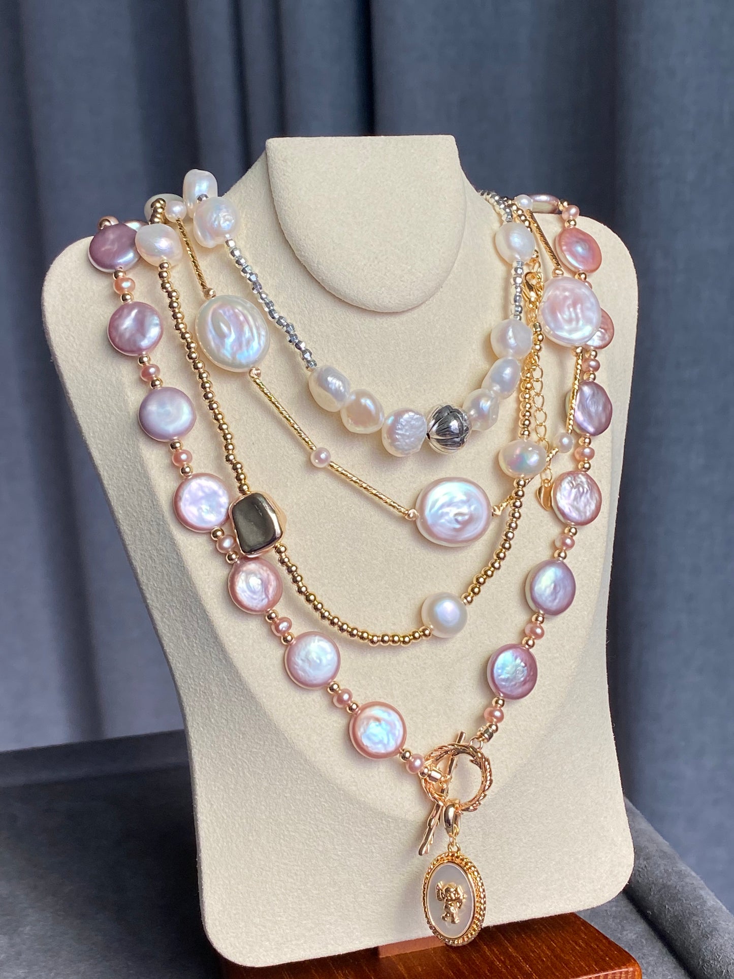 Natural freshwater pearls,baroque metal white blue gum shape multiple use Necklace,handmade necklace