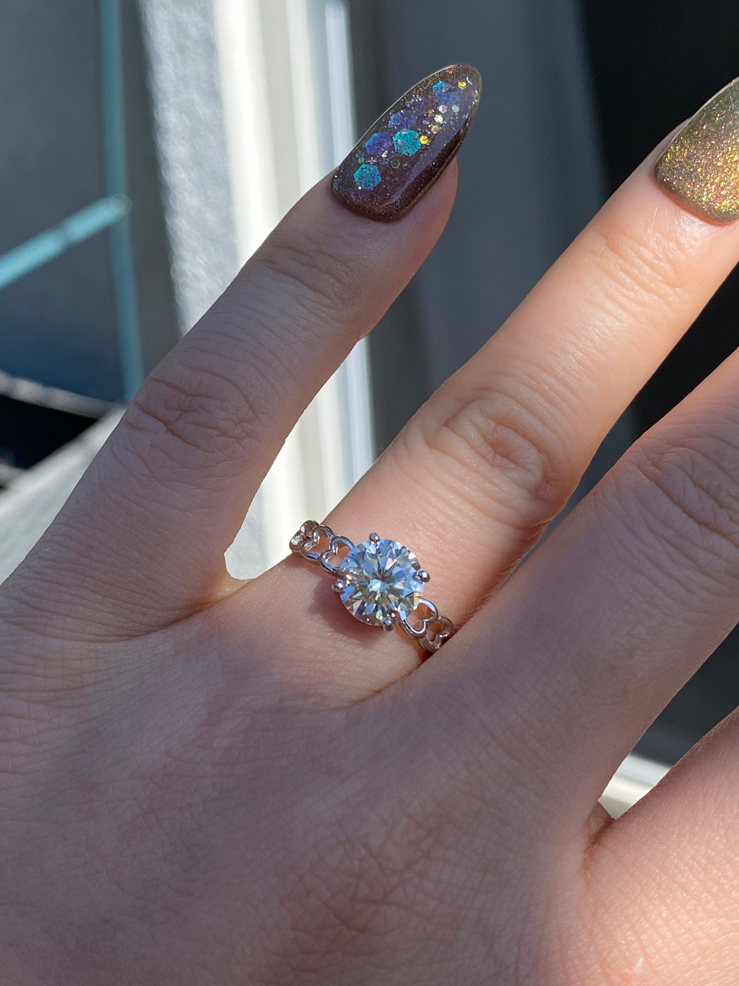 2ct. Champagne Moissanite Ring, Champagne Solitaire Ring, Round Moissanite Ring, Moissanite Engagement Ring, hollow out Heart gift for her