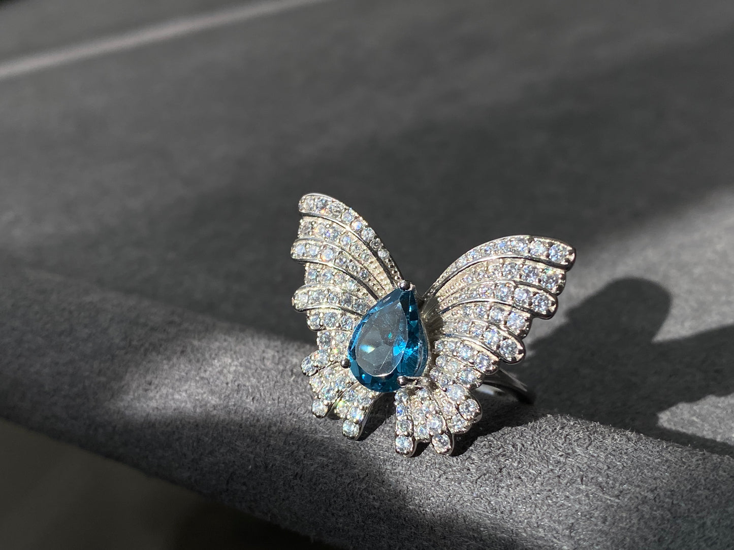 Natural London Royal Blue tea drop Topaz with Zircon Butterfly Queen Adjustable Ring,Bridesmaid Gifts,gift for her,Birthday Aniversary gift