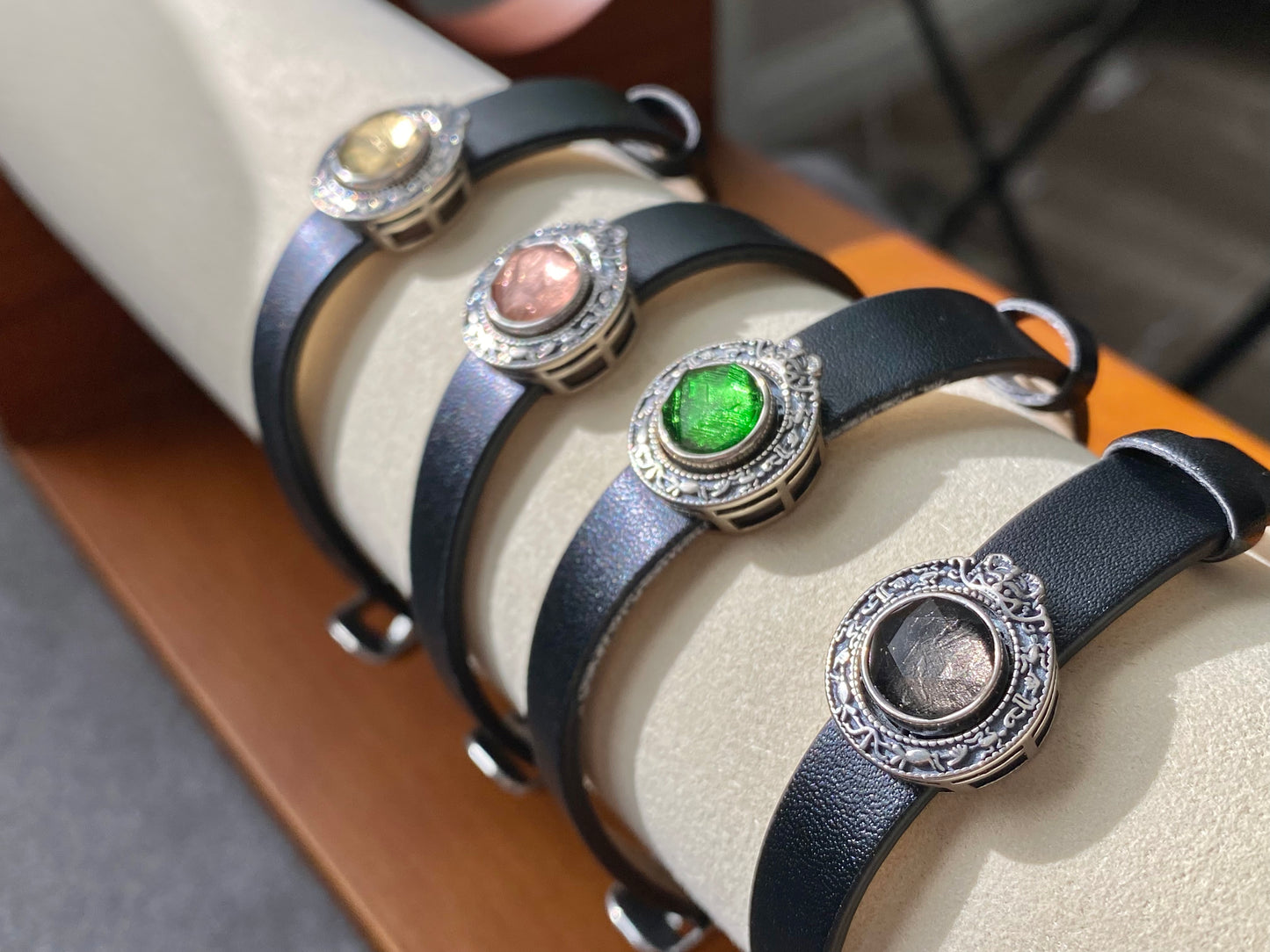Gibeon Meterite Gold,Rose Gold,Green,Silver moving Sterling silver Leather bracelet, gift for her,gift for him