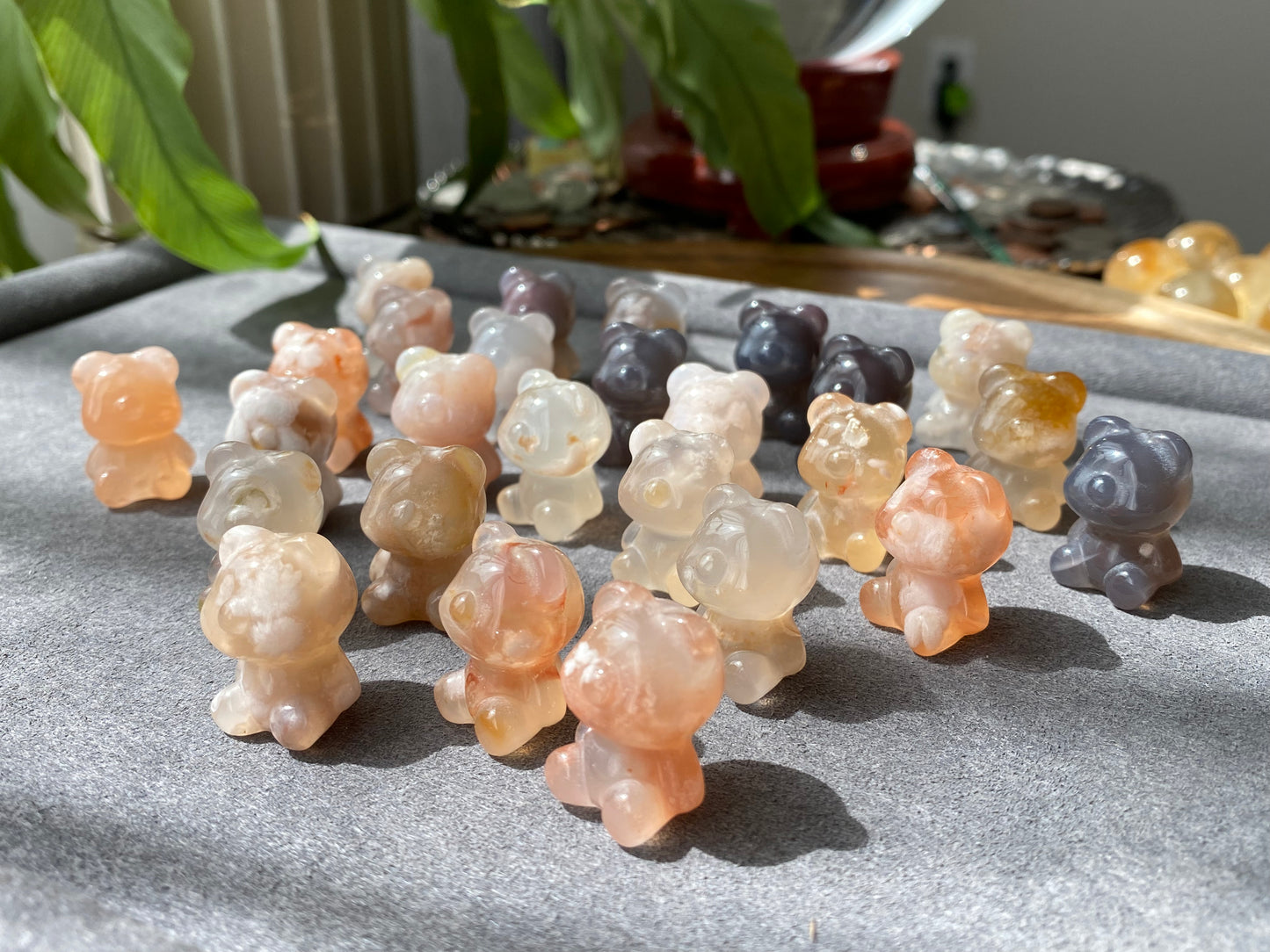 Natural Sakura Agate,flower agate hand carved couple shy bear beads bracelet,gift for her
