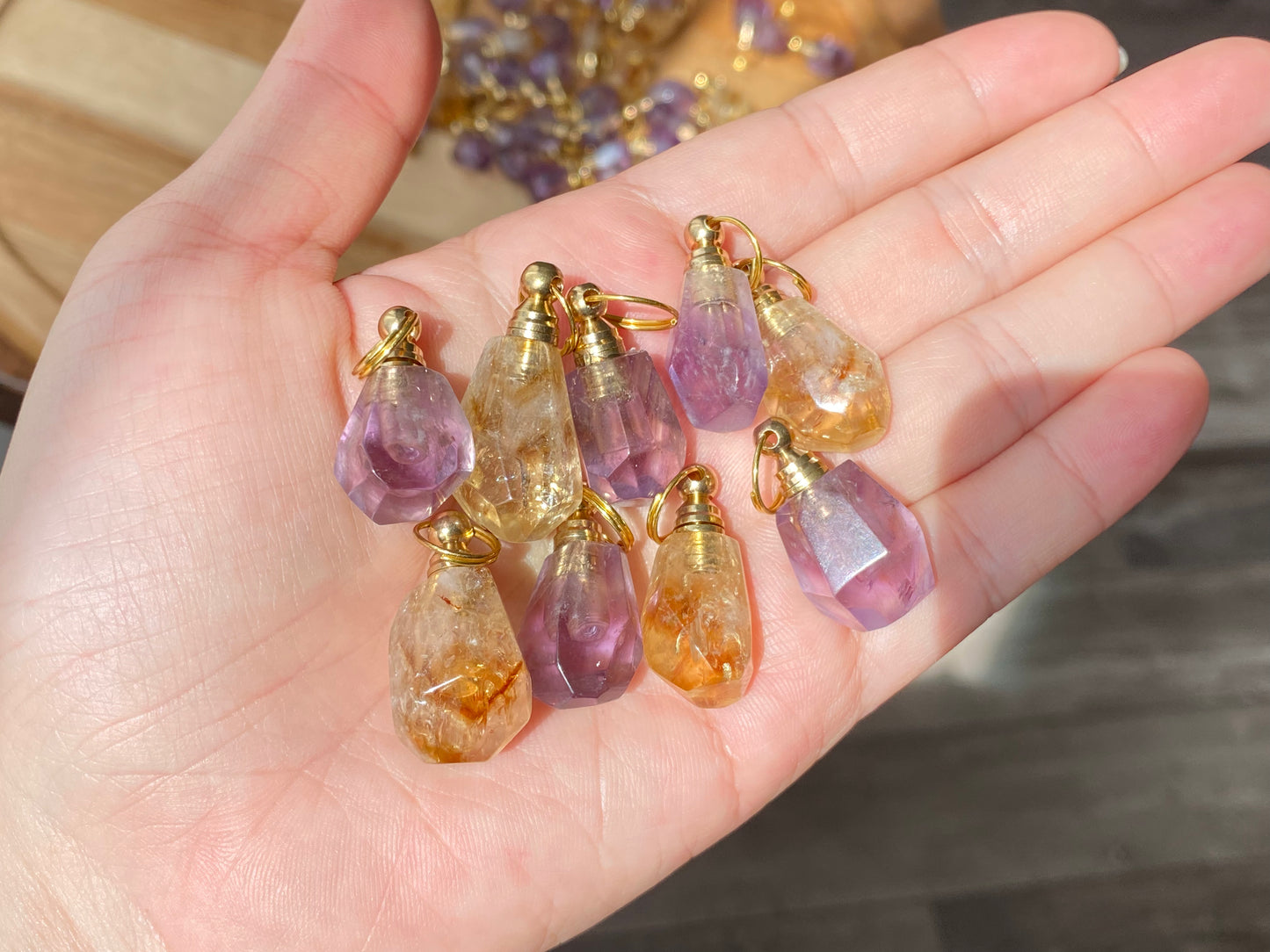 Genuine gemstone Natural Ametrine Amethyst perfume small bottle necklace pendant Healing Crystal Handmade Jewelry, Anxiety Relief