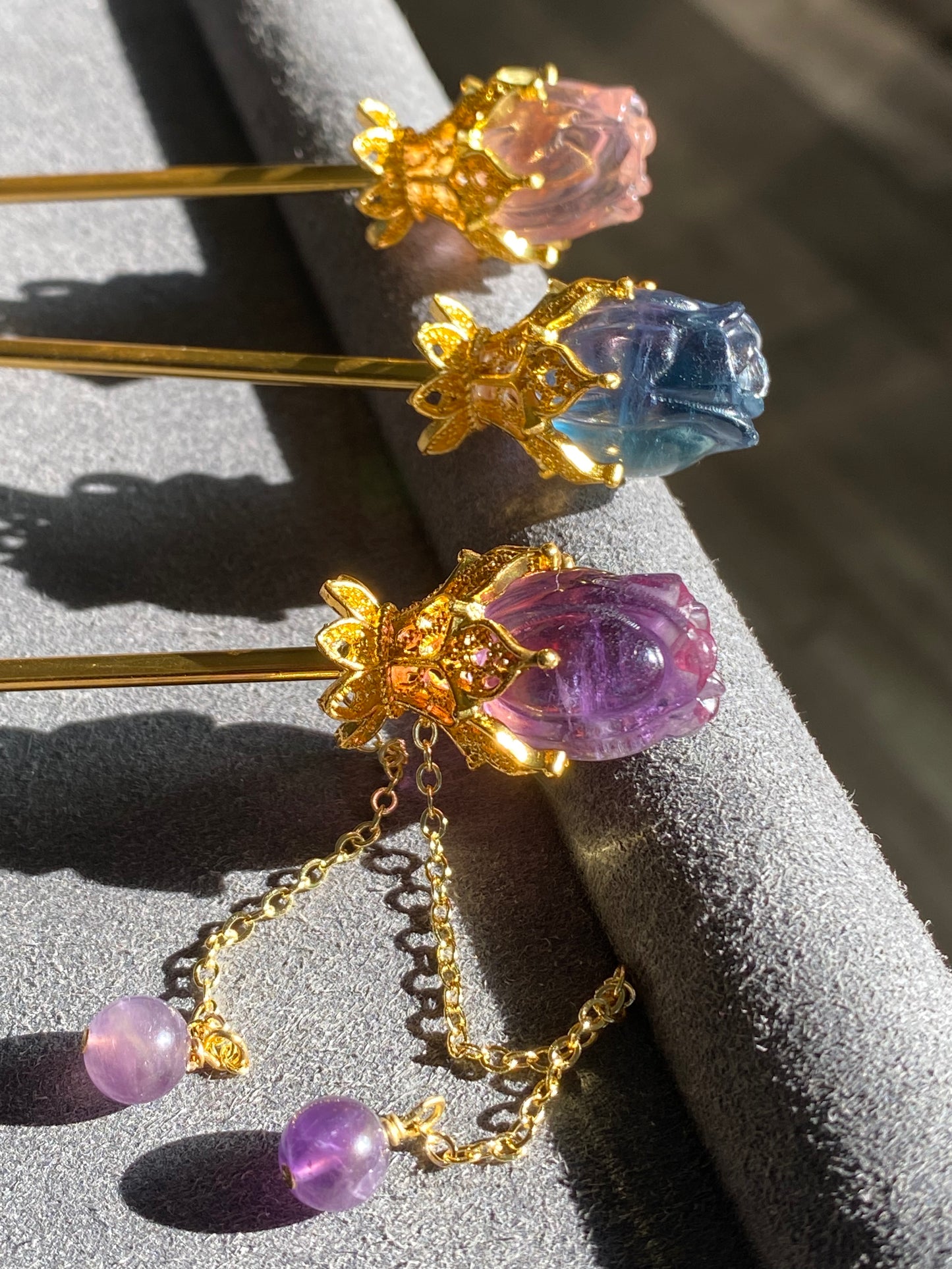 Natural FLuorite Hand craved Rose flower bud Shape Hairpin with Dangle Drop,Fluorite Crystal