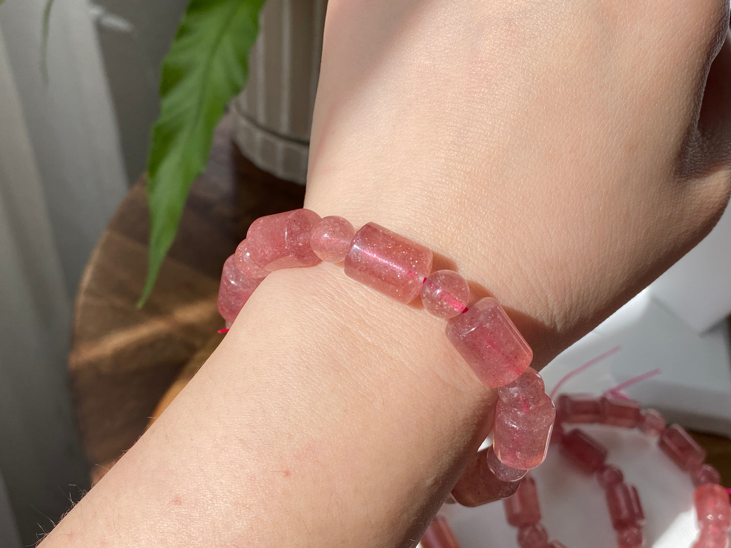 AAAA Grade Rainbow Fire Natural Strawberry quartz Barrel Round Bead bracelet Joy,healing crystal