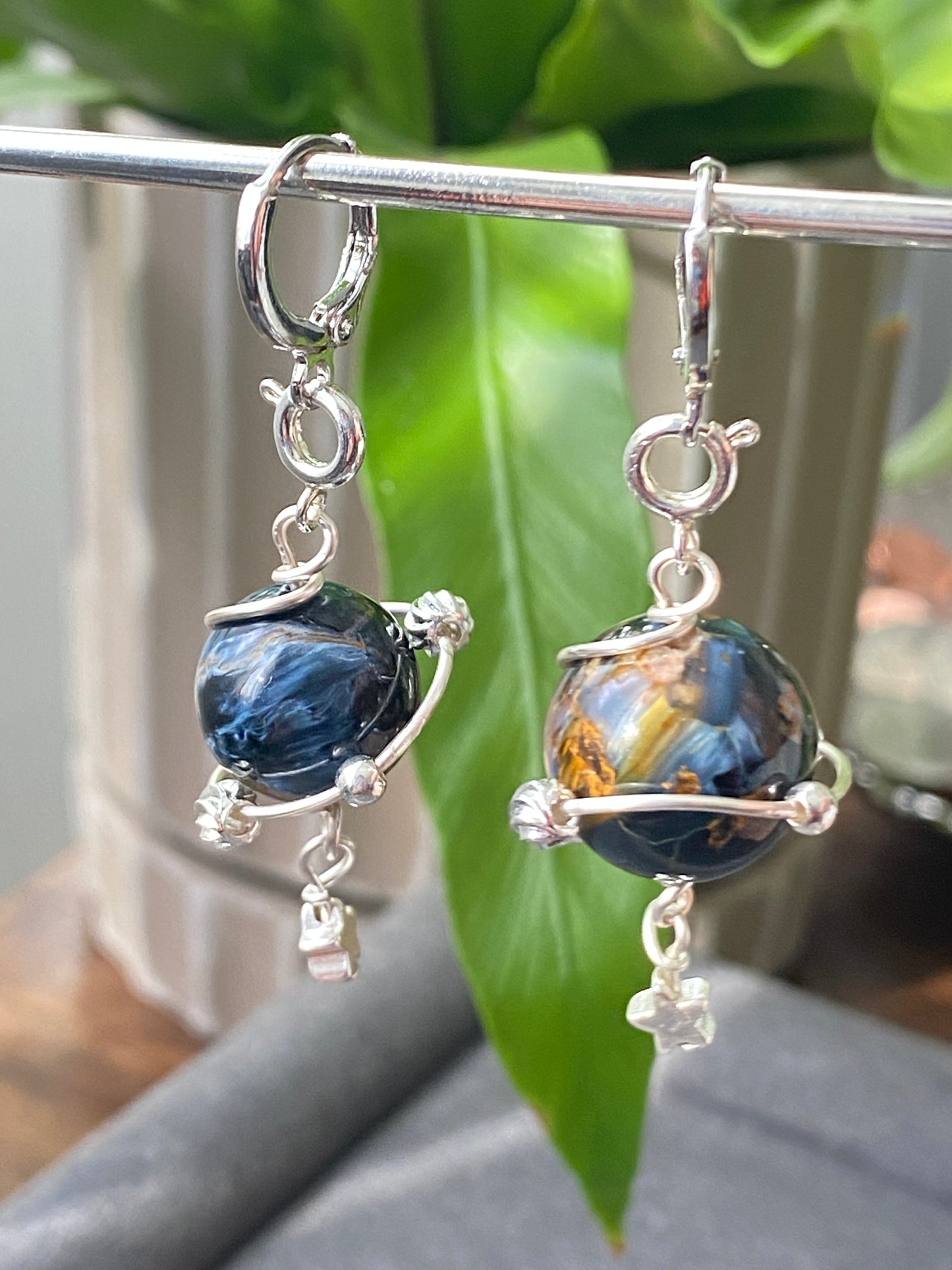 Natural High Grade Blue Pietersite flash lacy shinning Star 14K white gold wire Space planet Removable Earring Pendant