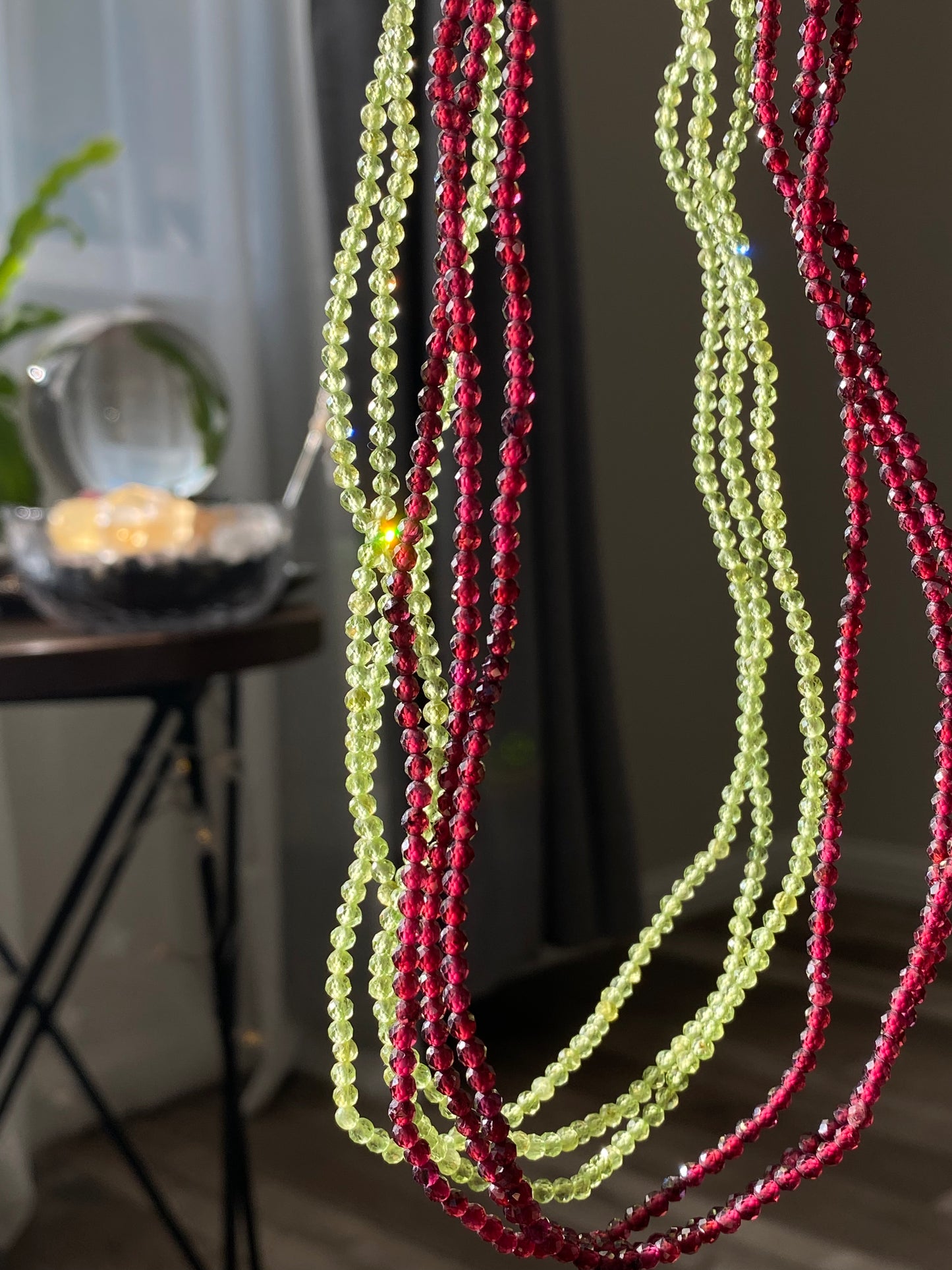 3mm+ Natural Faceted diamond Cut Gemstone,Prehnite,Garnet,super shinning Fire illuminate,Triple Wrap Bracelet,Long necklace
