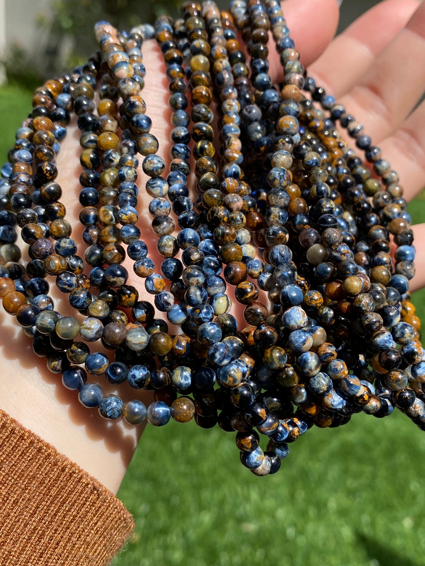 Rare High quality Natural High Grade Blue Pietersite flash lacy shinning round shape long bracelet /necklace 4mm+,gift for him
