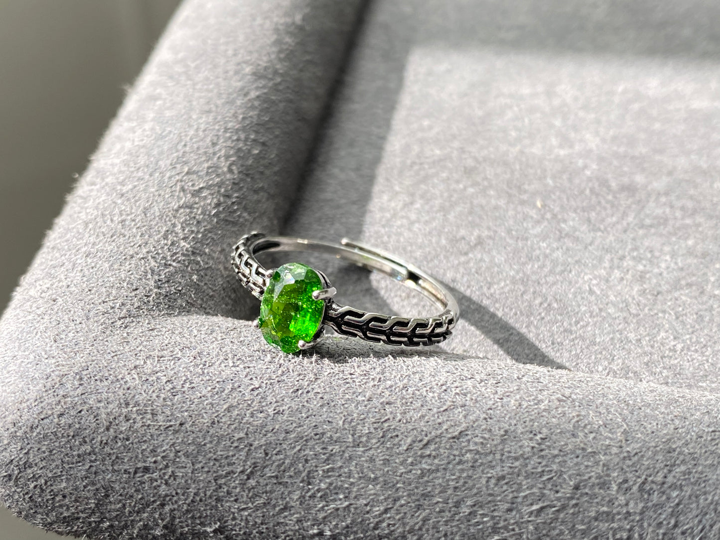 Natural Deep Green Diopside Oval Shape Prong setting Gemstone Ring,Adjustable Ring,gift for her