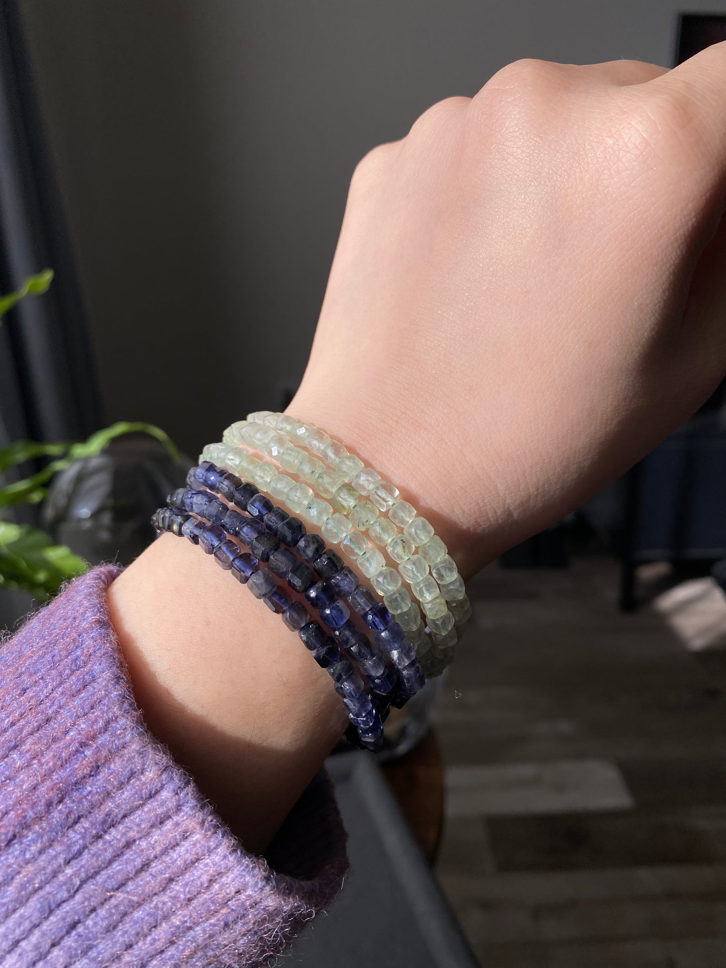 4mm+ Natural Prehnite,Iolite Cordierite Square Cube Faceted diamond Shin Gemstone Beaded Bracelet