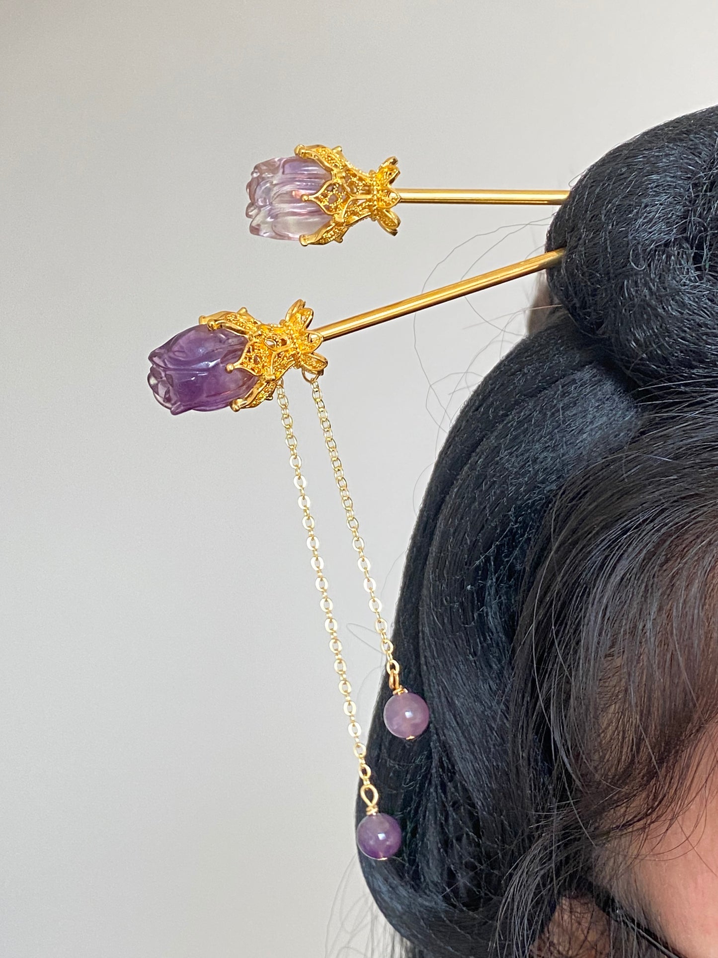 Natural FLuorite Hand craved Rose flower bud Shape Hairpin with Dangle Drop,Fluorite Crystal