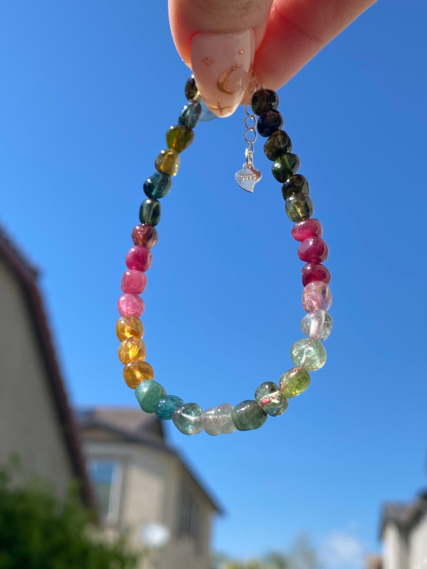 Rare Find High Grade color standard irregular nuggets watermelon Rainbow Tourmaline Bead Bracelet 6mm,sterling silver,gift for herm