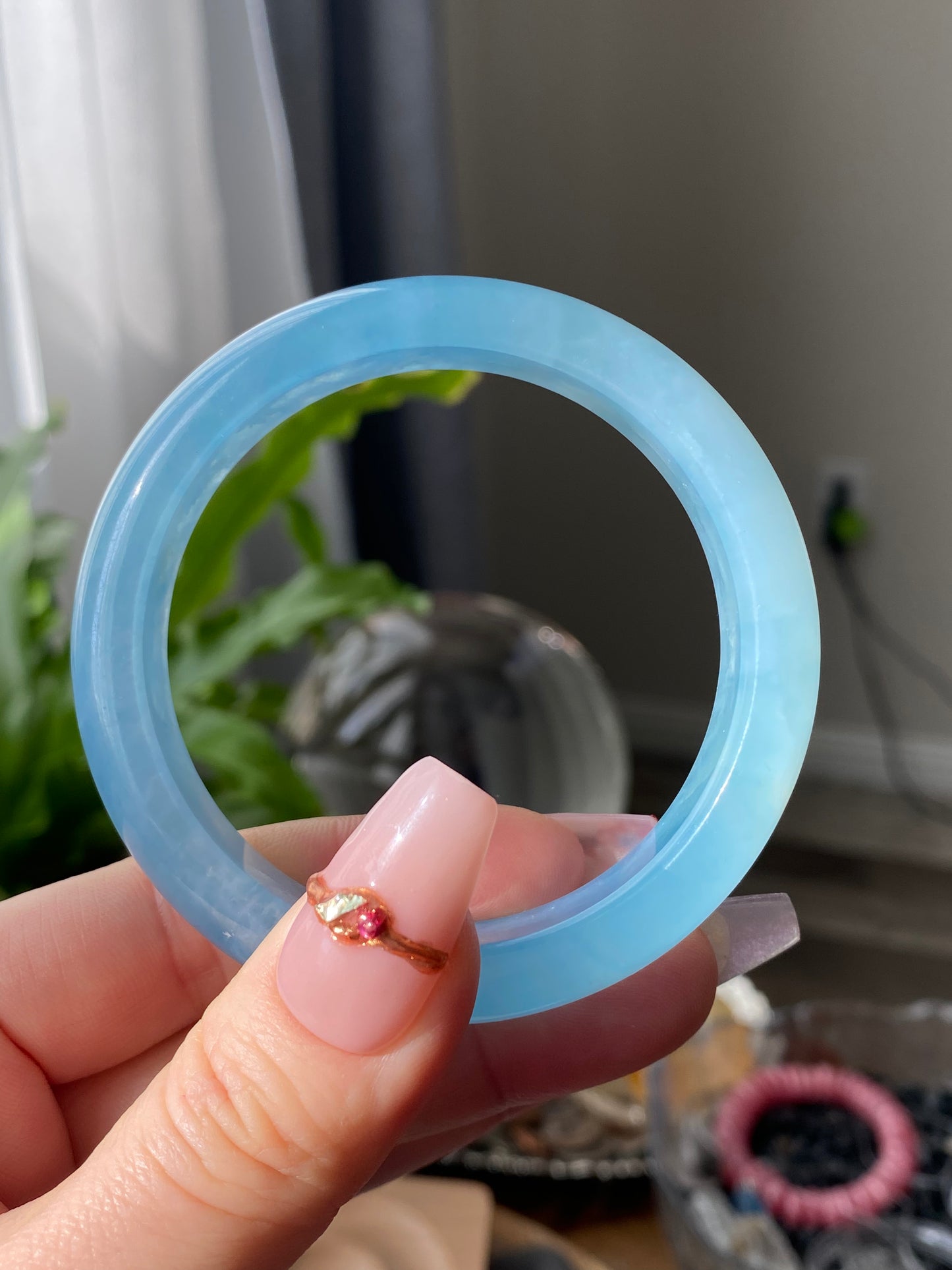 AAAAAA Grade Clear Blue sky cloud Surround Natural Aquamarine Bangle Gemstone Bracelet 56.8mm BA8354