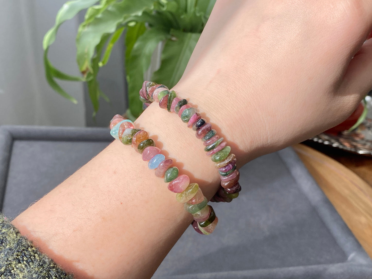 Natural watermelon Multi-color Raw puffy Tourmaline rock Gemstone Bead Bracelet ,gift for her