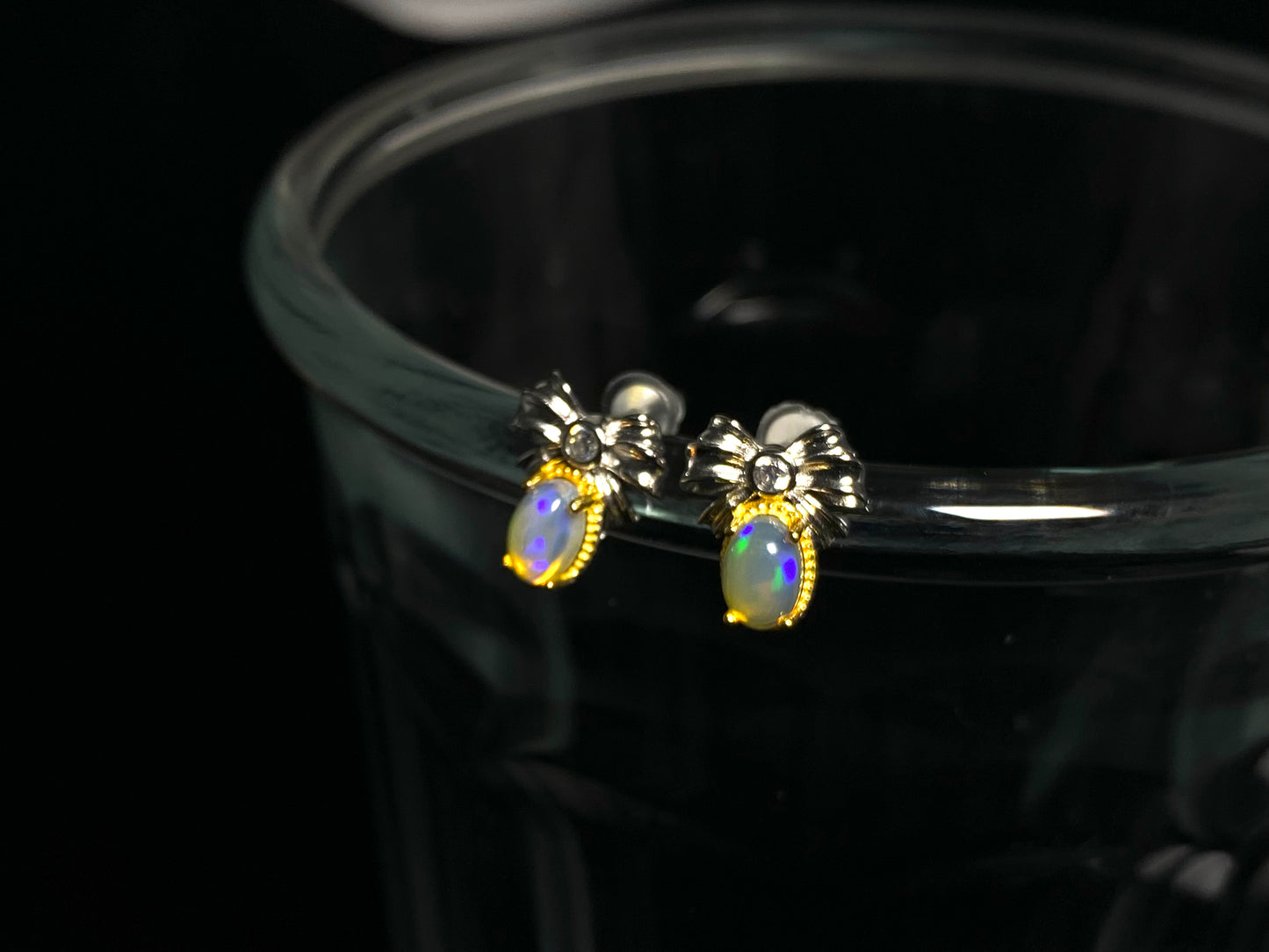 Natural Opal blue green red fire Sterling silver bow earring ,Gift for her