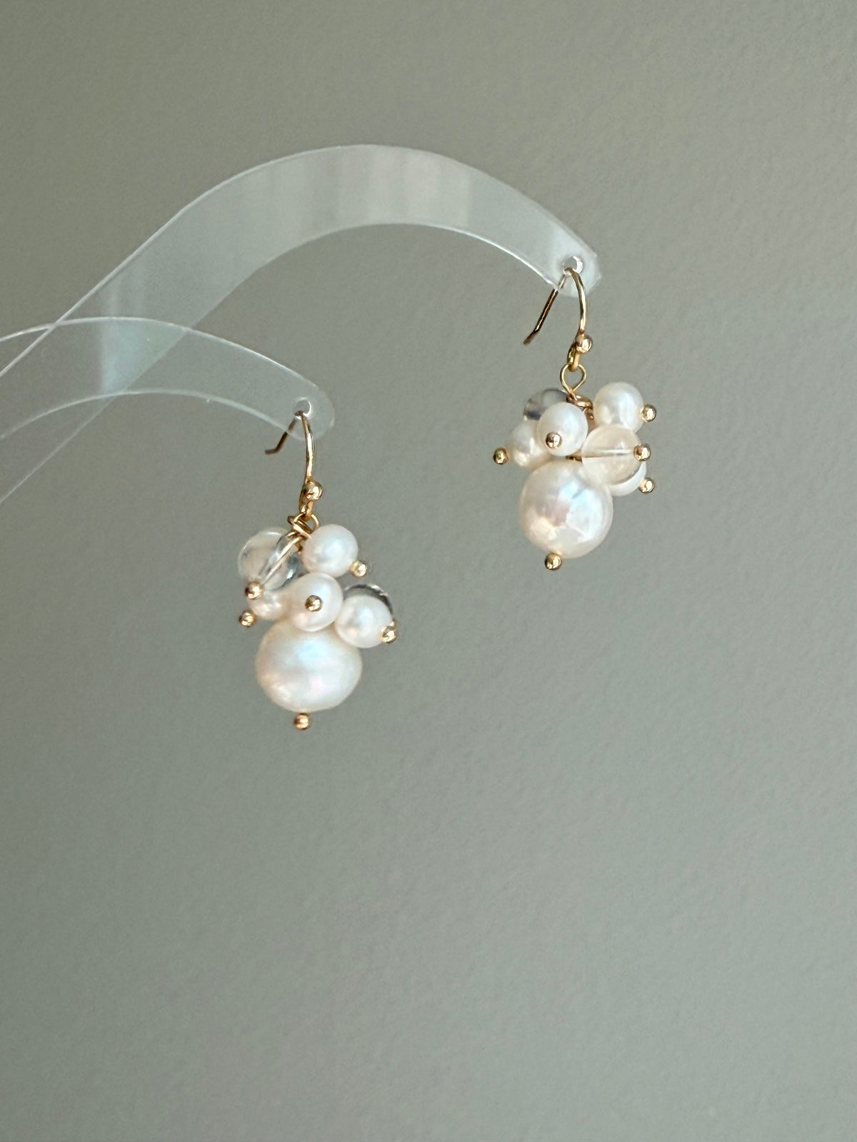 Clear Quartz & Baroque Pearl Bubble Cluster Earrings – 14k Gold Filled