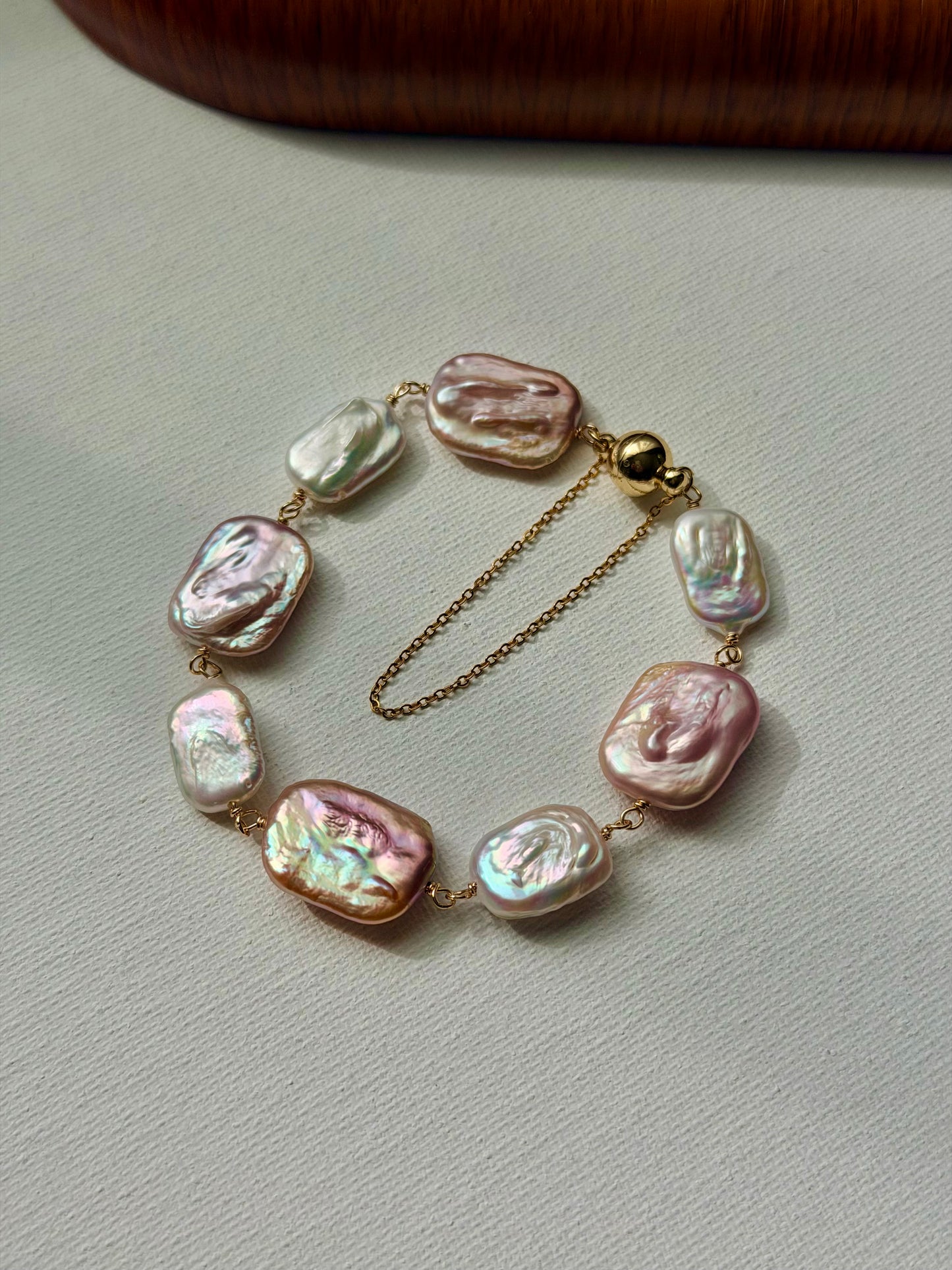 Baroque Pearl Magnetic Clasp Bracelet with Safety Chain – Natural Iridescent Freshwater Pearls, Gold Filled, Handmade Elegant Gift for Her