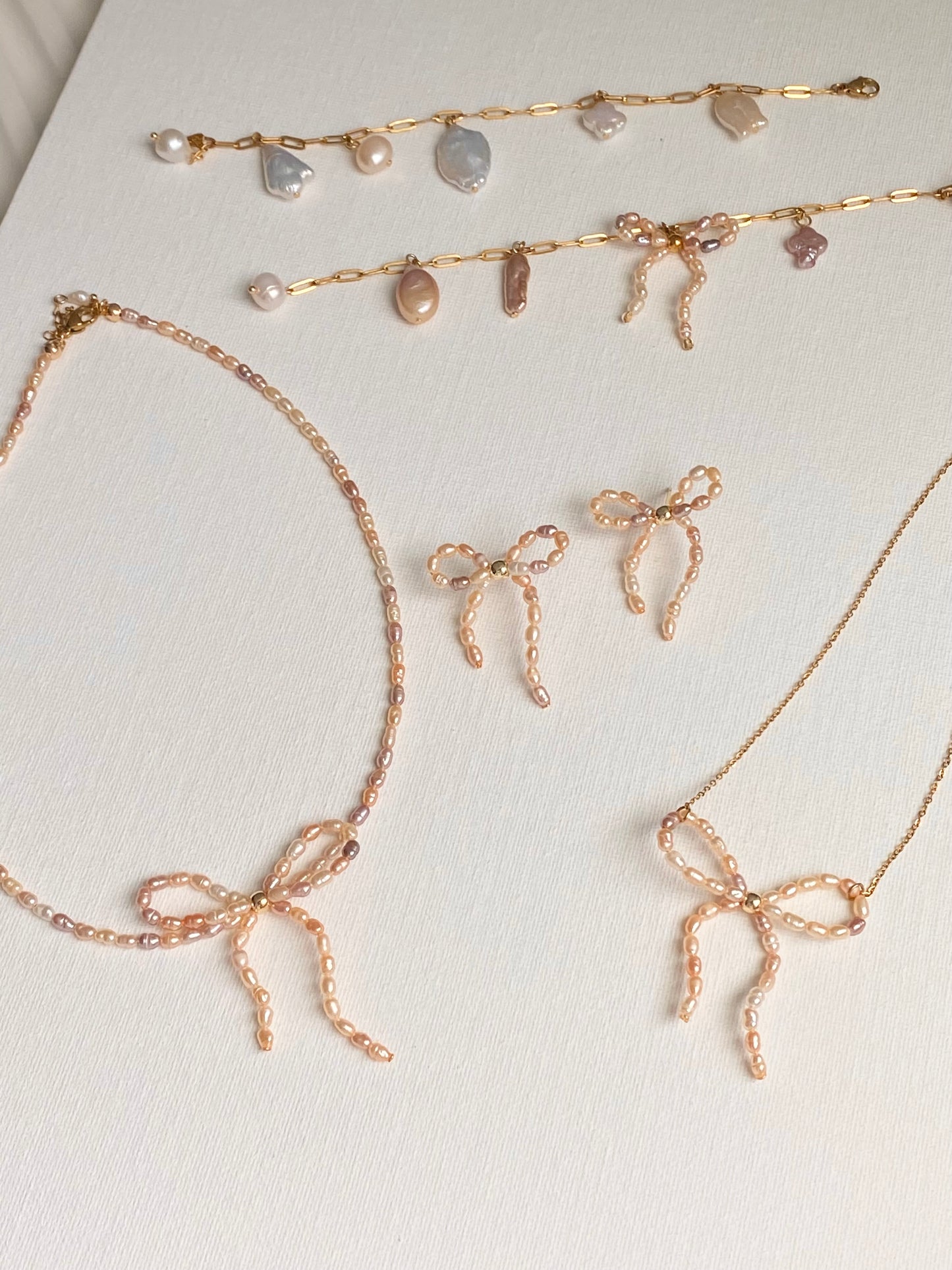 Mixed Color Pearl Ribbon Necklace & Earring Set | Elegant Bow Jewelry | 18K Gold Plated
