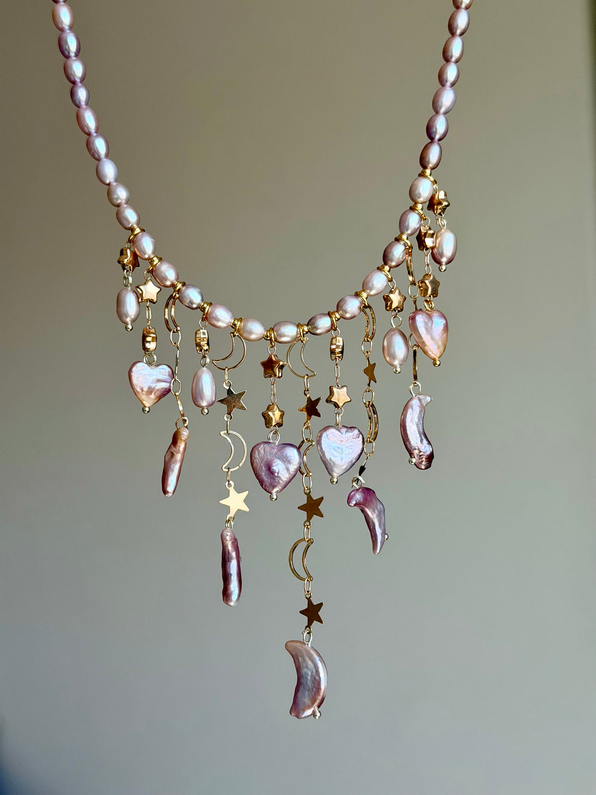 Lavender Baroque Pearl Necklace, Moon Star Heart Charm Tassel Jewelry-LUNARIA