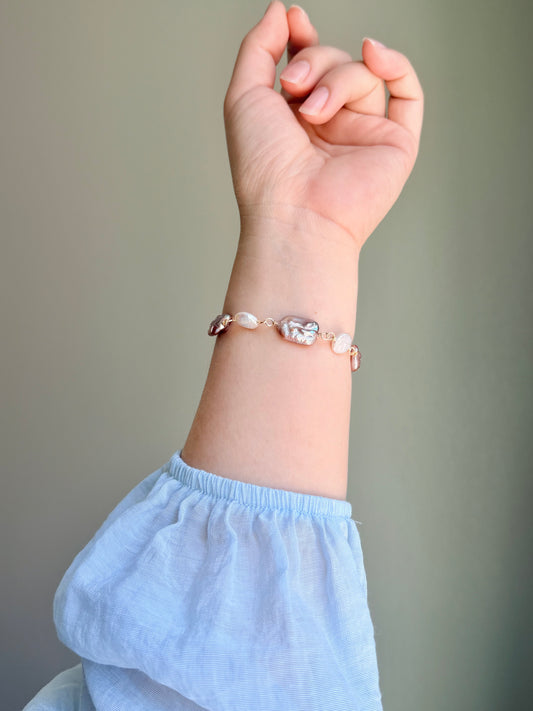 Mauve Rectangular & Coin Freshwater Pearls, Magnetic Clasp Bracelet
