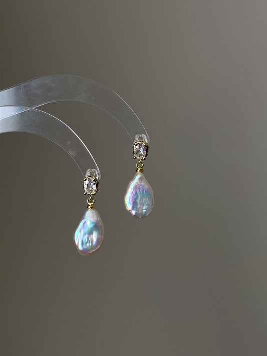 Elegant Rainbow luster Candy Bean Baroque Pearl Dangle Earrings  Gold Zircon Dainty Drop Earring gift for her sparkling Wedding Earring
